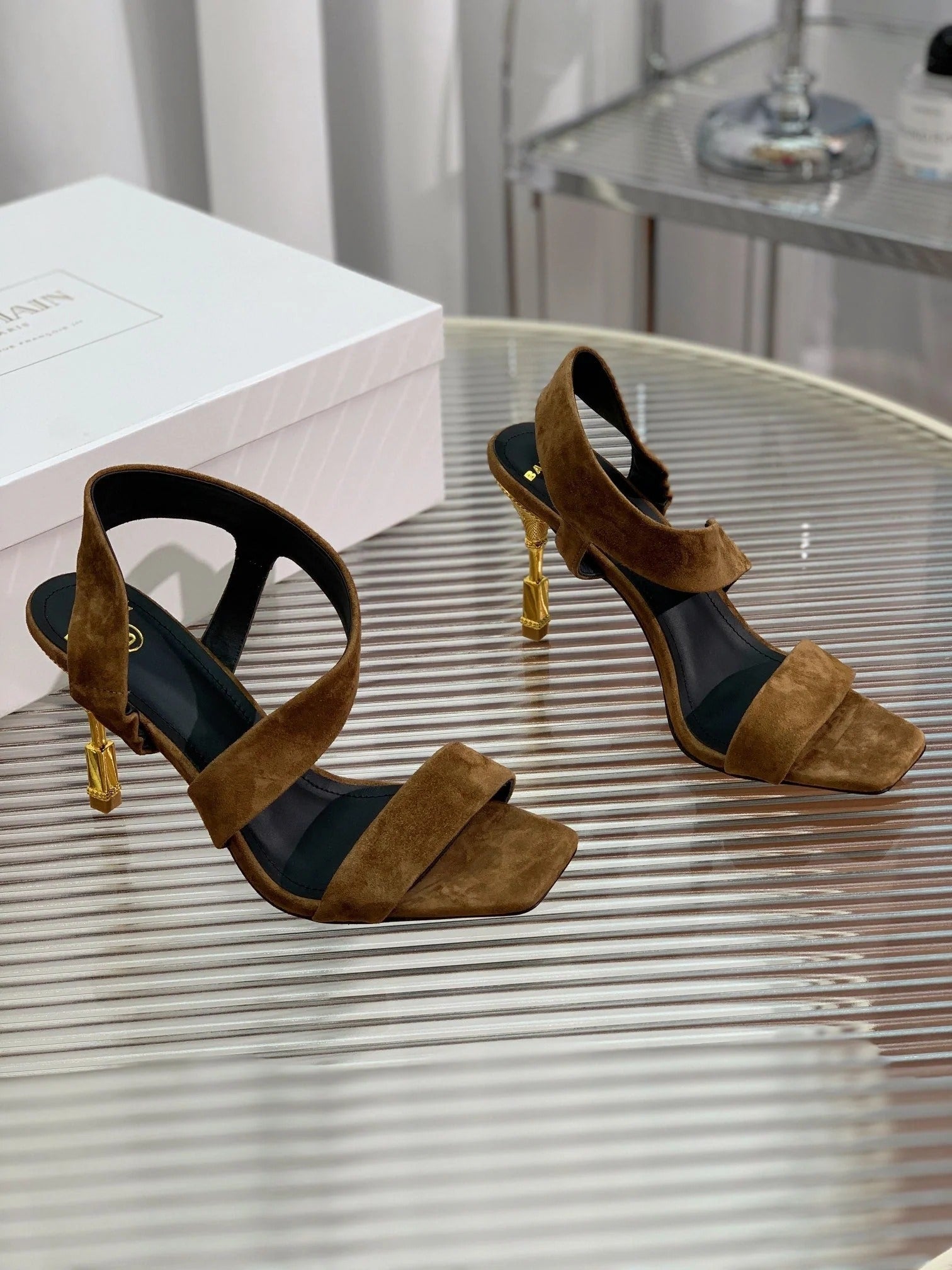 BALMAIN 25S HIGH HEEL SANDALS 95MM IN BROWN SUEDE
