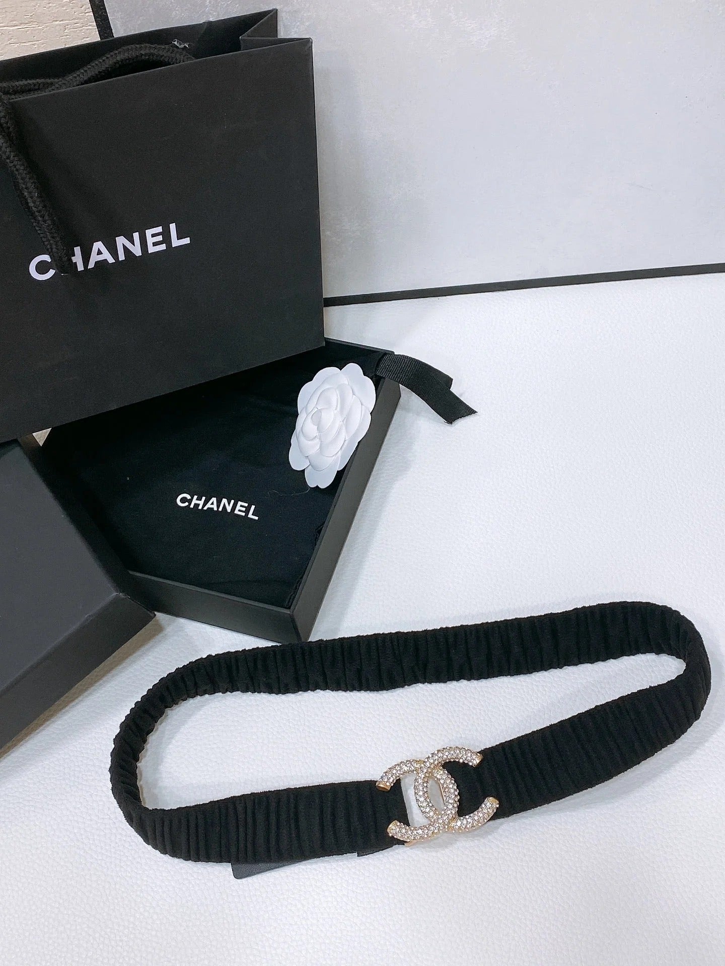 CC ELASTIC BELT 30MM IN BLACK WOOL FABRIC GOLD HARDWARE WITH RHINSTONES