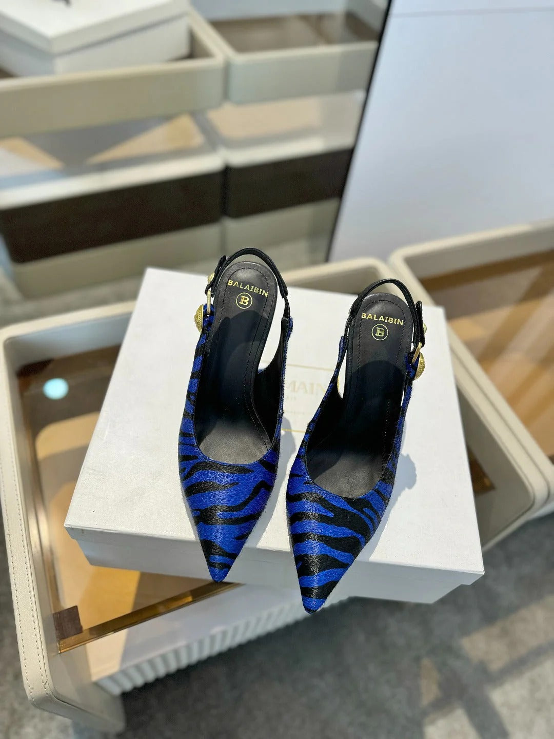 BALMAIN 25S SLINGBACK EVA 95MM IN BLUE AND BLACK ZEBRA PRINT CALFSKIN