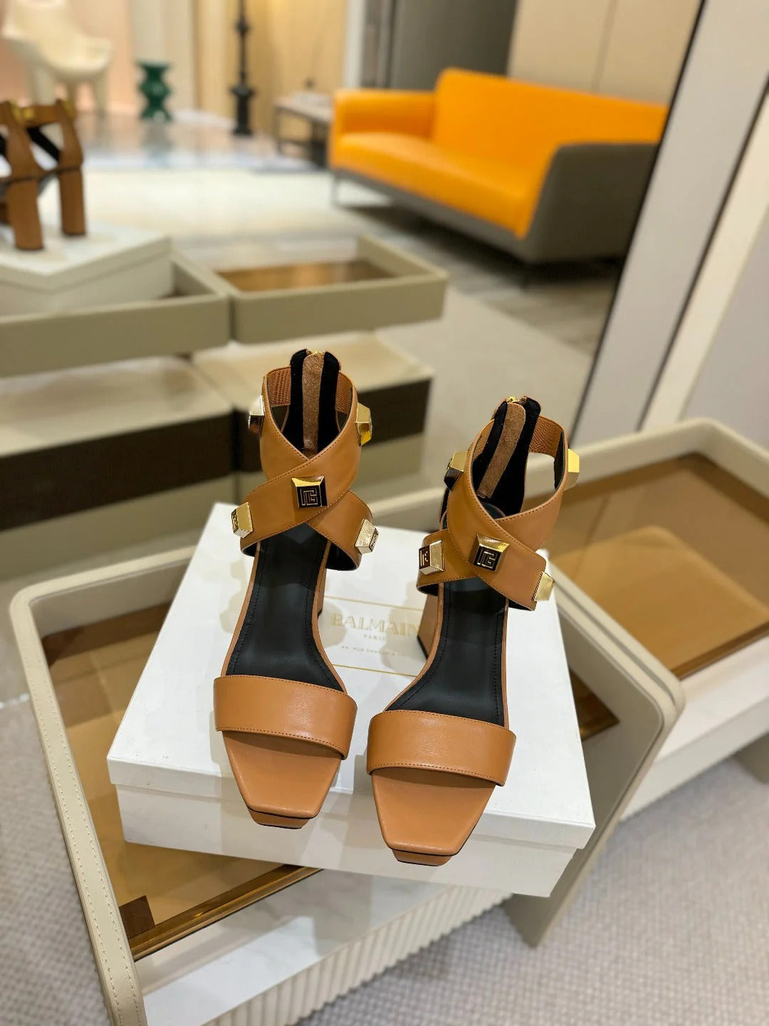 BALMAIN 25S WEDGE HEELS 105MM IN DARK BROWN CALFSKIN GOLD HARDWARE