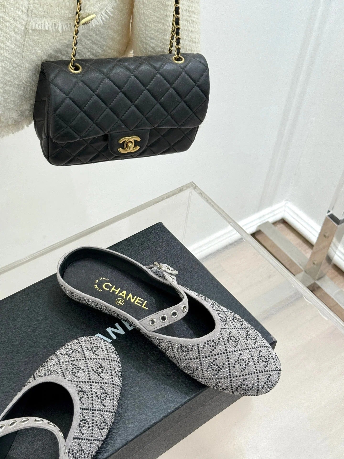 CC Flat Mules 25ss In Grey Embellished With Rhinestones
