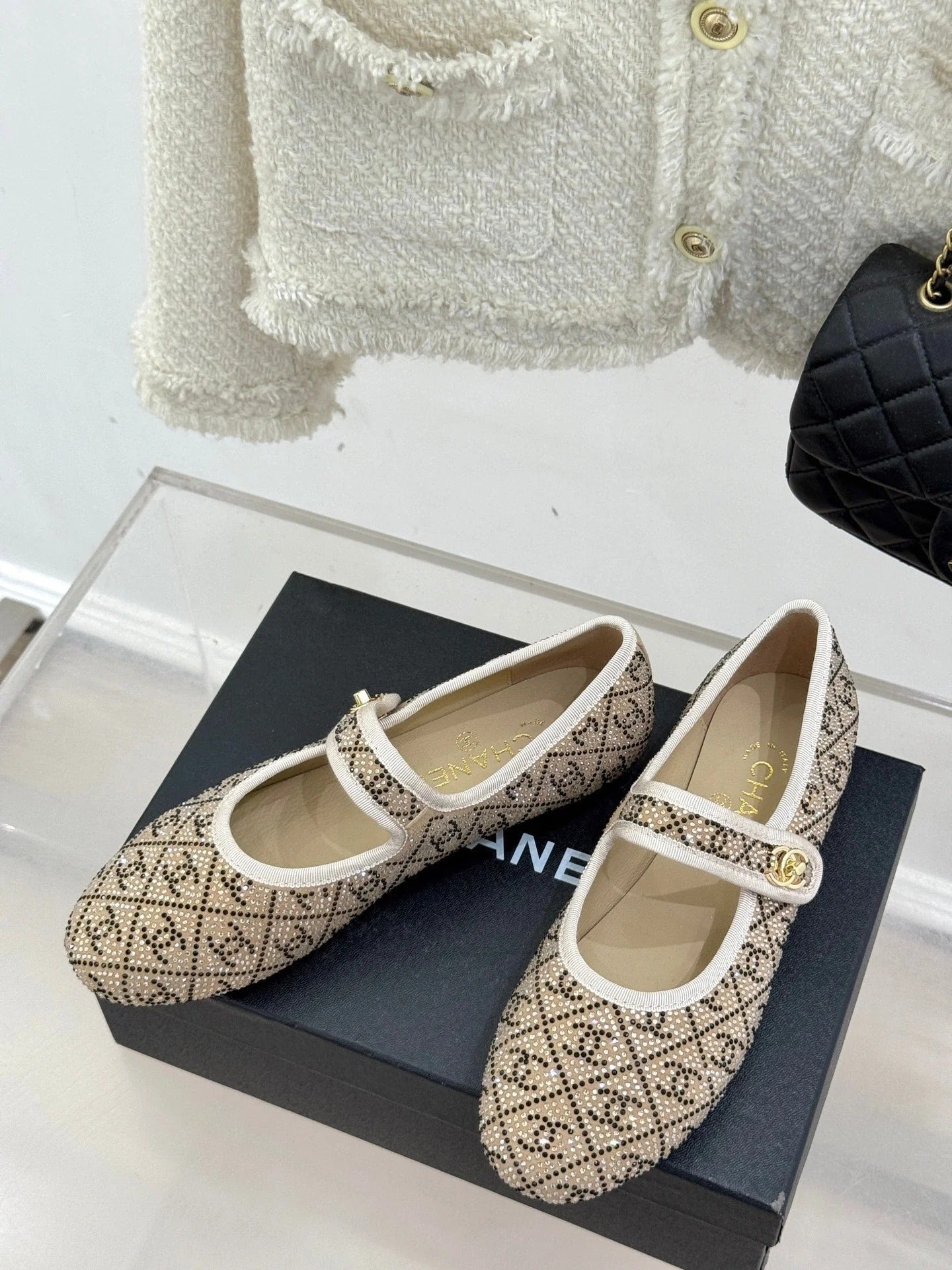 CC Flat Mary Jane 25ss In Beige Embellished With Rhinestones