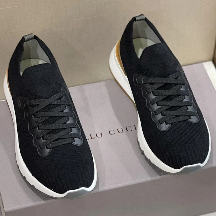 Brunello Cucinelli 2025 Low-top Knitted Sneakers Black Leather Fabric