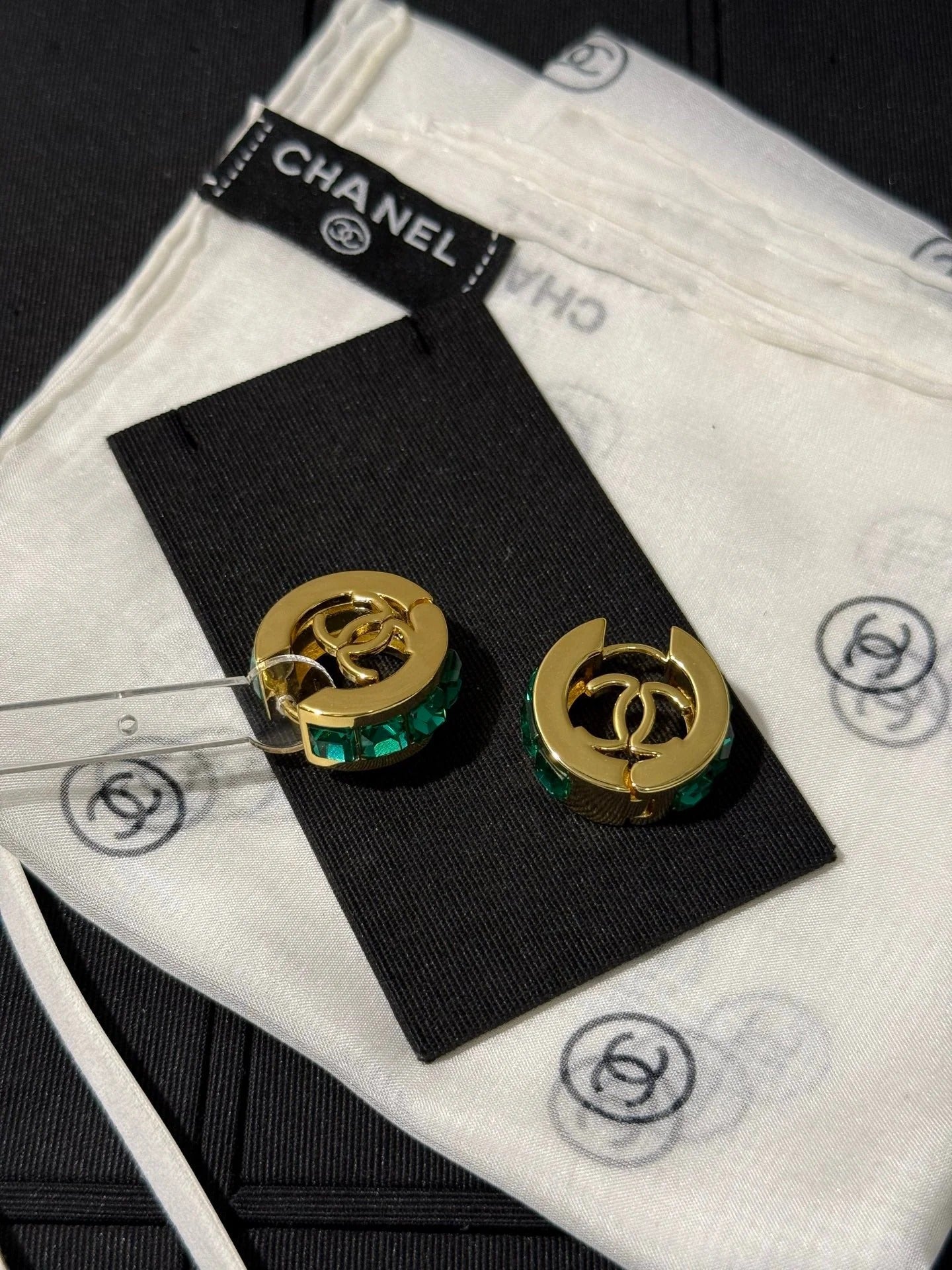 Chanel 2026 Emerald Square Diamond Gold Double C Hoop Earrings Stud Earrings