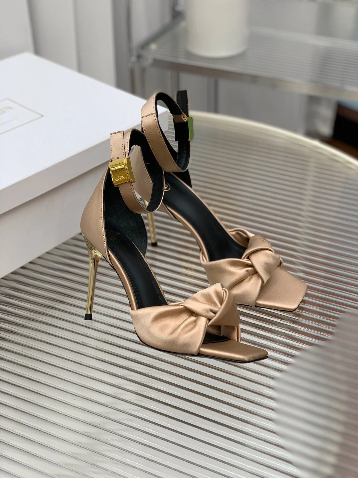 BALMAIN 25S KNOTTED HIGH HEELS 95MM IN LIGHT CARAMEL SATIN
