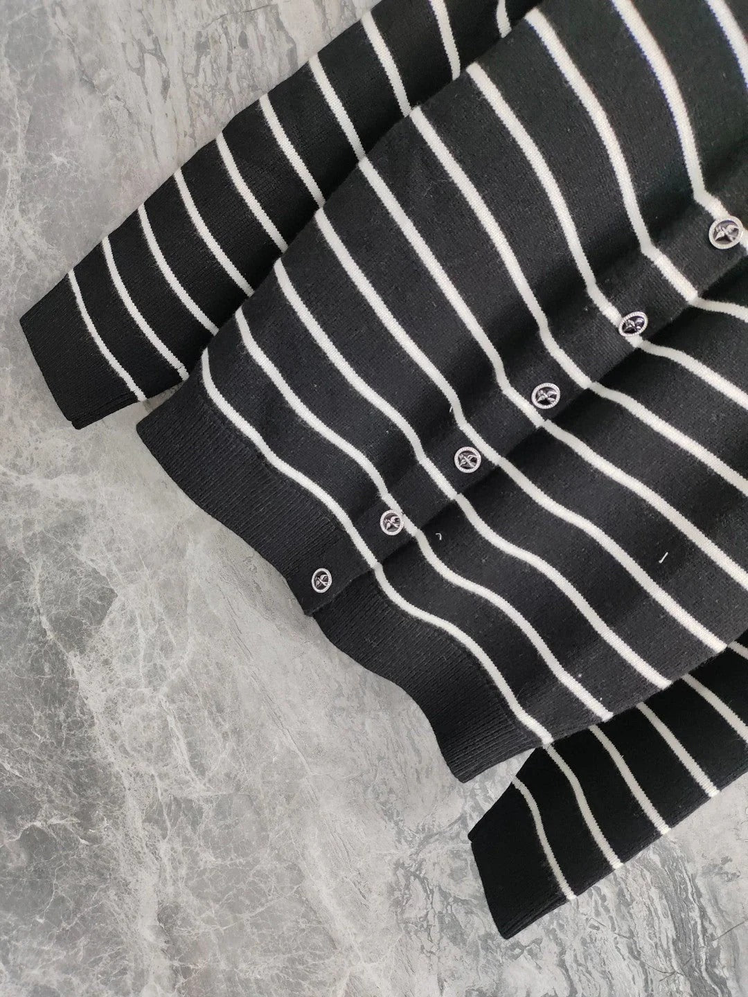 CC NAUTICAL CARDIGAN IN BLACK AND WHITE COTTON KNIT WITH STRIPED DESIGN WITH CC BUTTONS