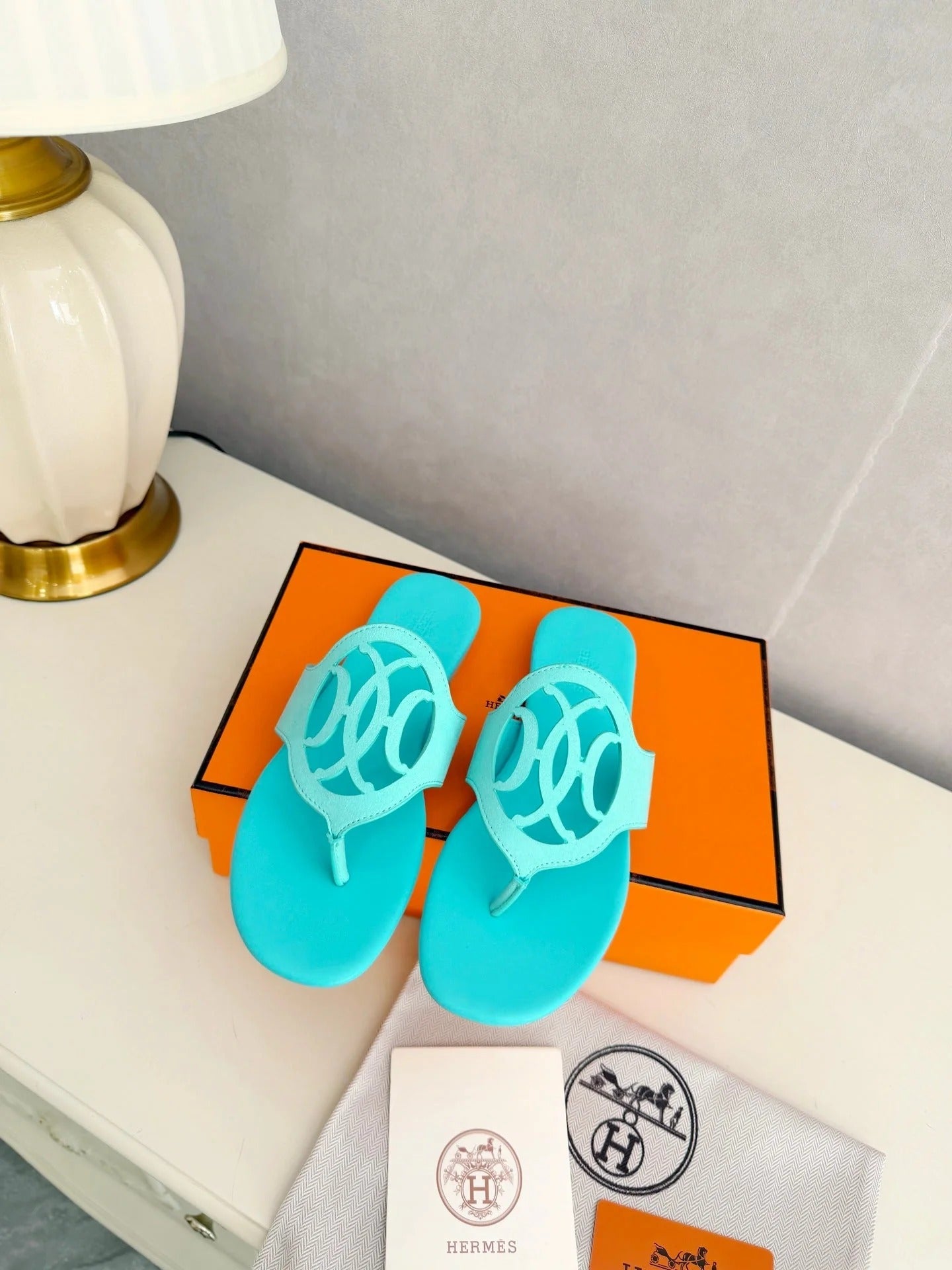 HM 26ss Pig-Nose Slipper Turquoise Leather 605904