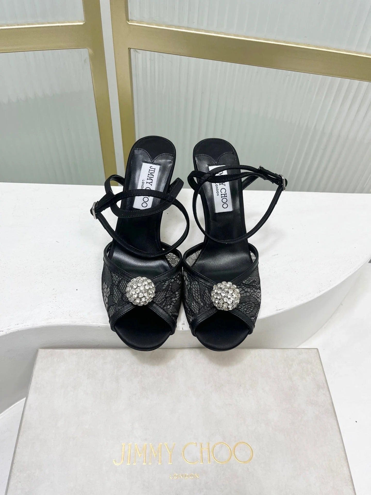 Jimmy 26s Peep-Toe High Heels 85 Black Lace Sheepskin 605973
