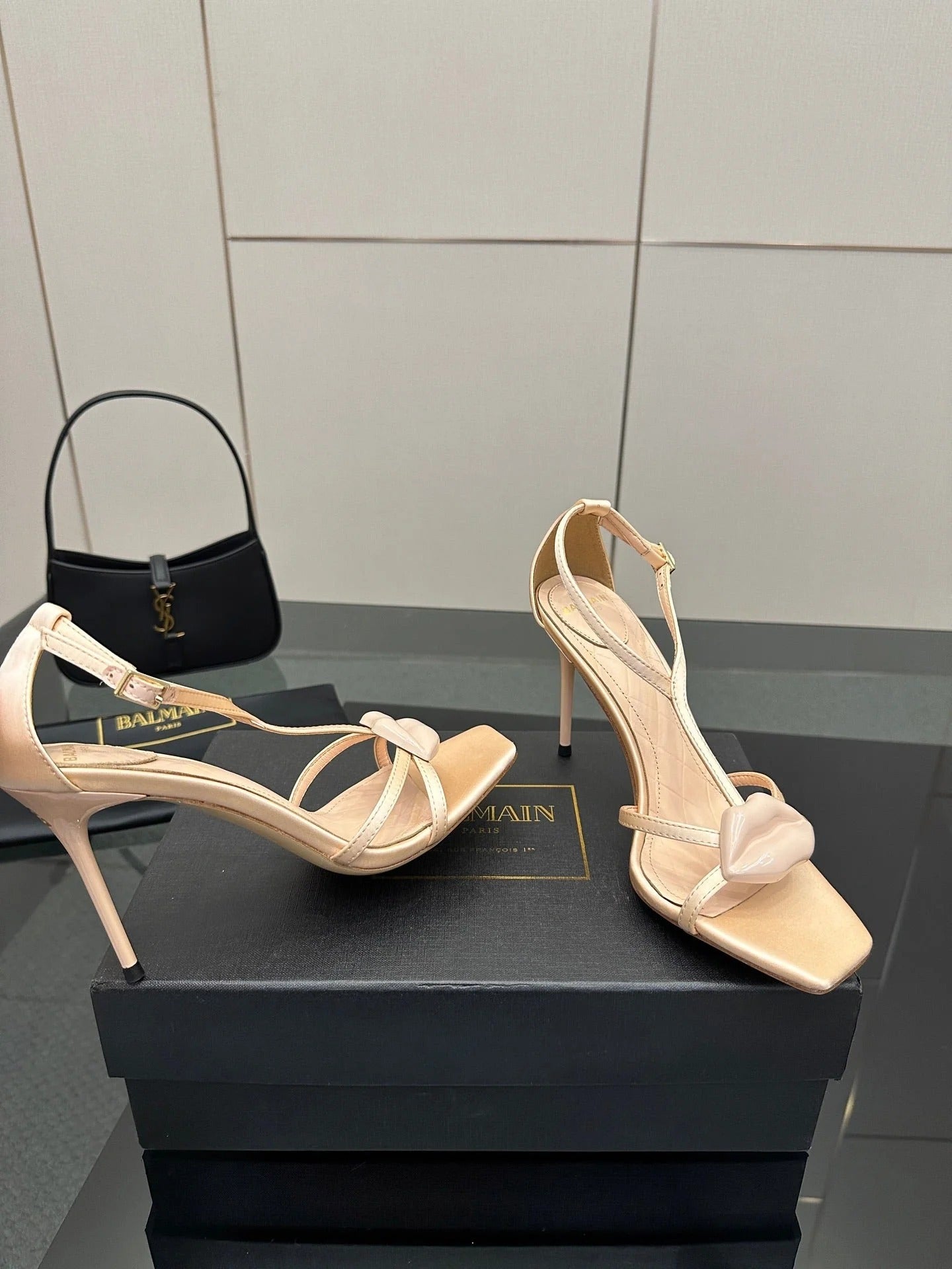 BALMAIN 25S LIPS SANDALS 10 IN BLUSH BEIGE SATIN