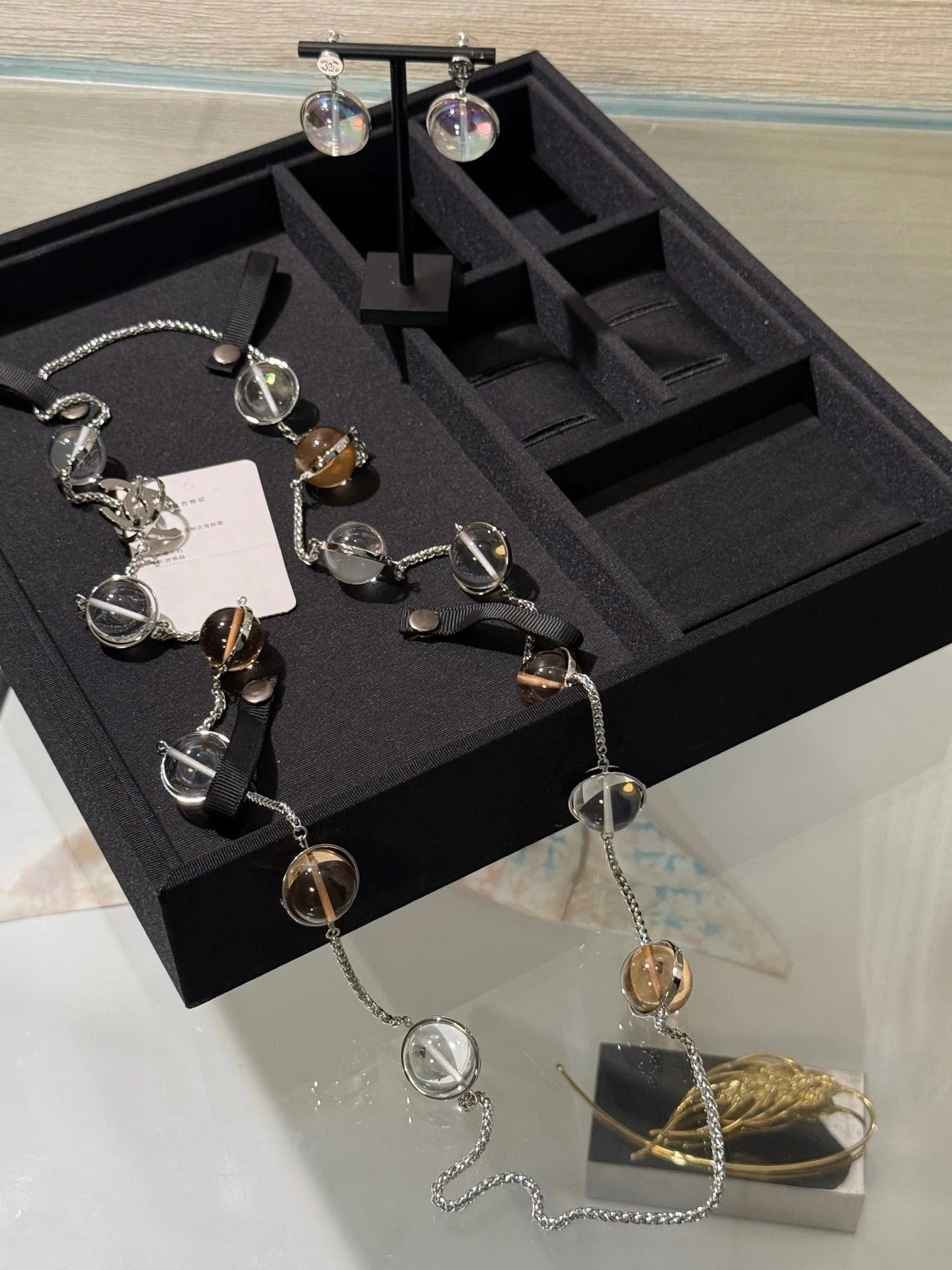 Chanel 2026 Transparent Crystal Ball Planet Silver Double C Long Necklace