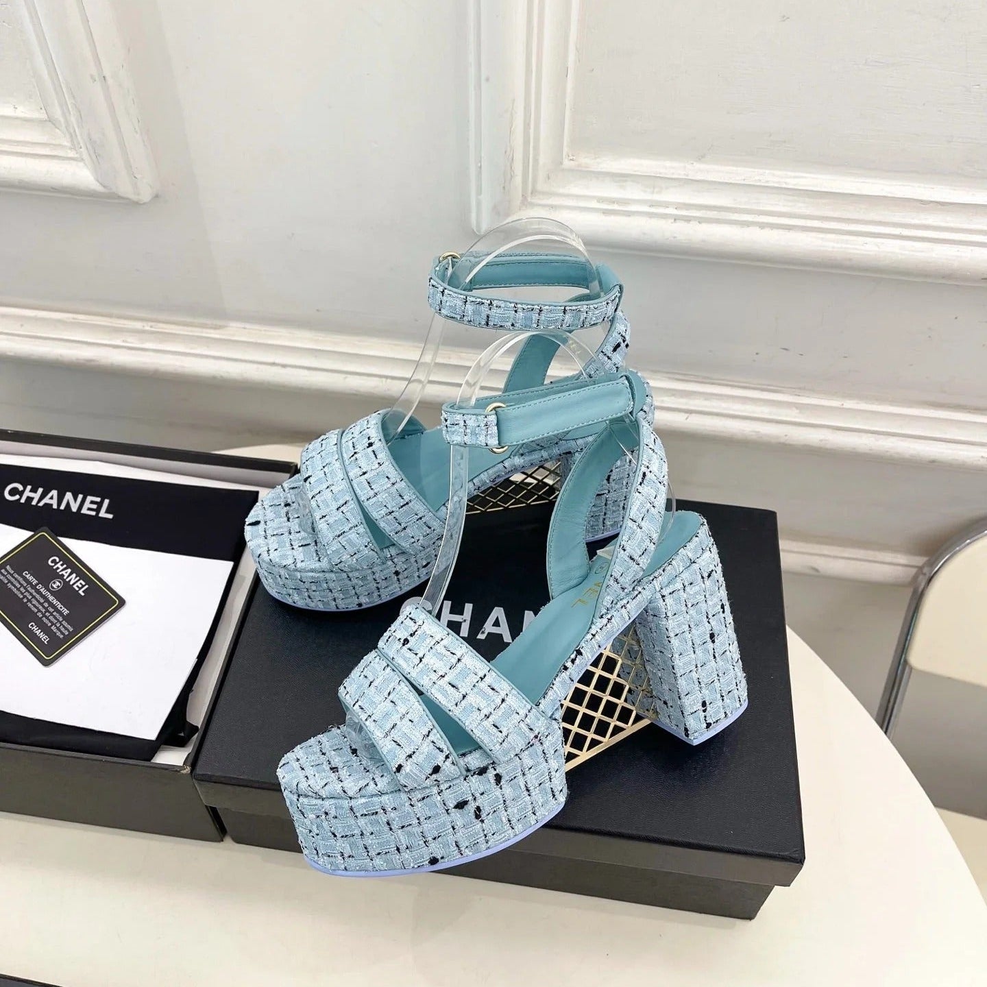 CC 26s HighHeeled Platform Sandals 85 Light Blue Tweed 631865