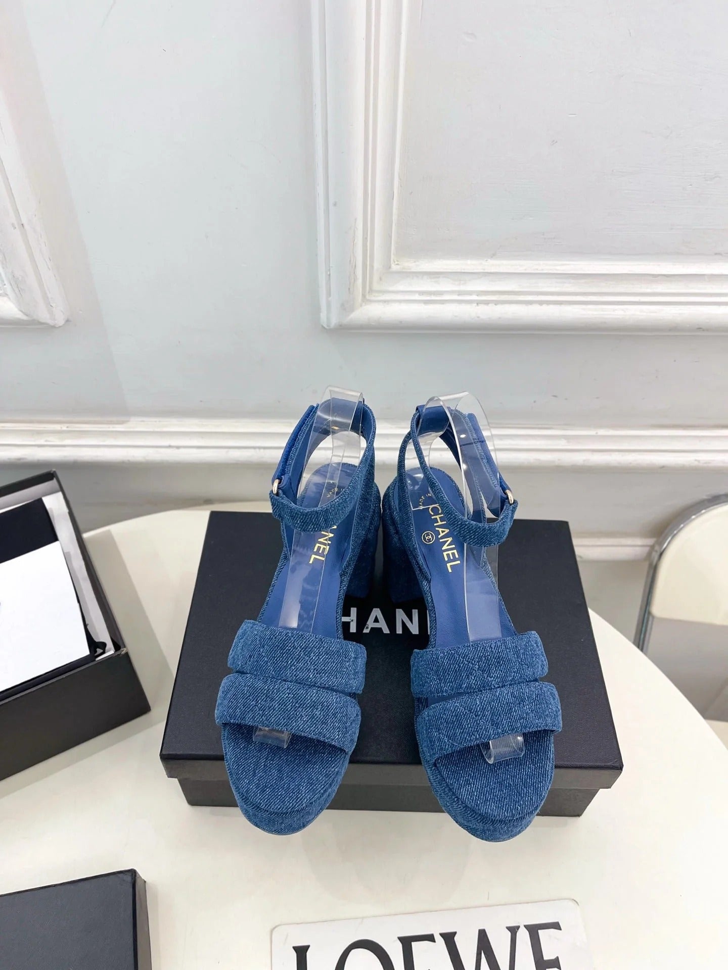 CC 26s HighHeeled Platform Sandals 85 Dark Blue Denim 631871