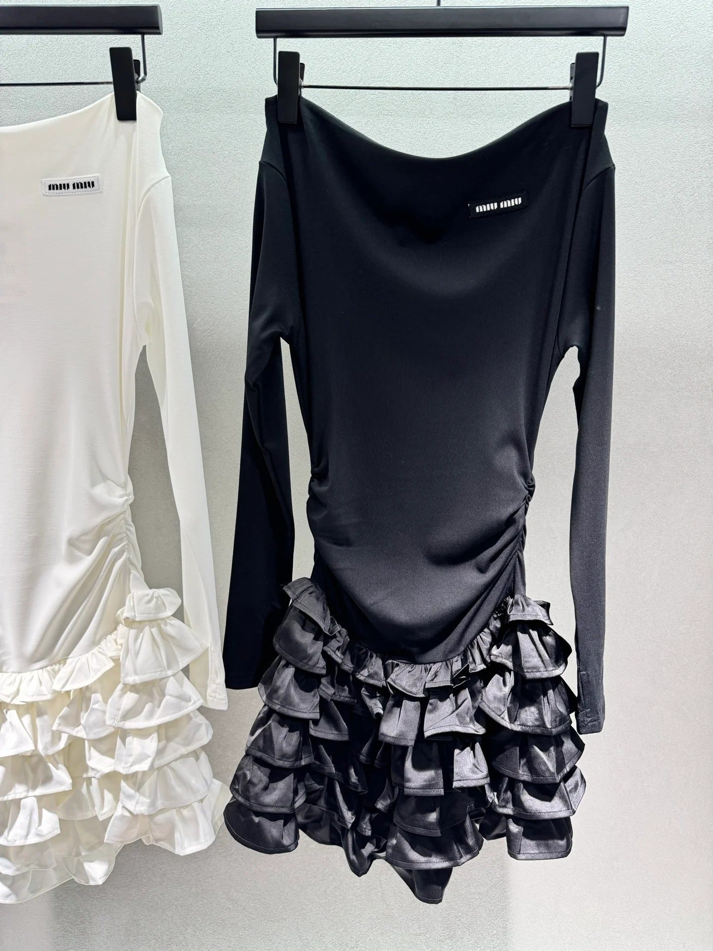 Miumiu 2026 Off-the-shoulder Tiered Dress Black and White Cotton