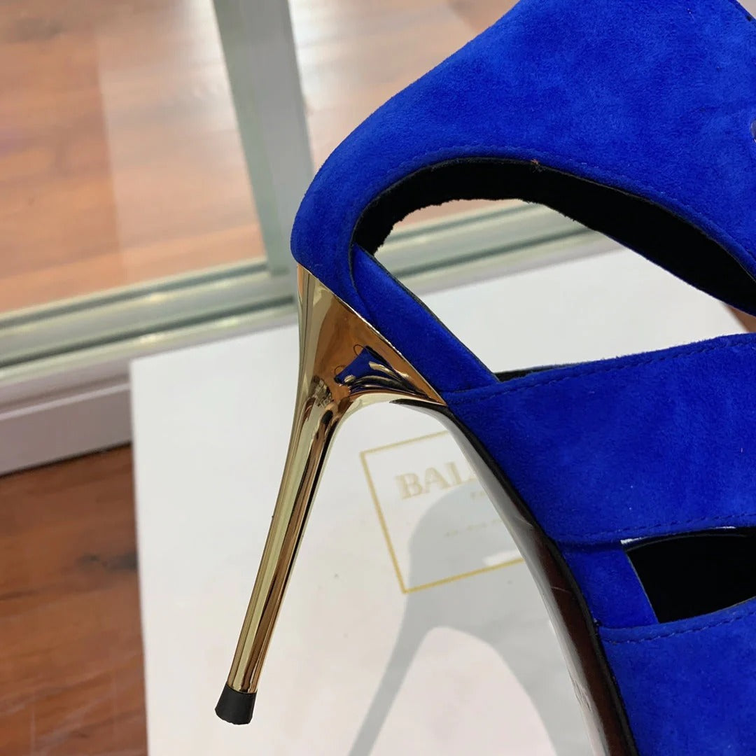 BALMAIN 25S HIGH HEELS 95MM IN DARK BLUE SUEDE WITH PEARL