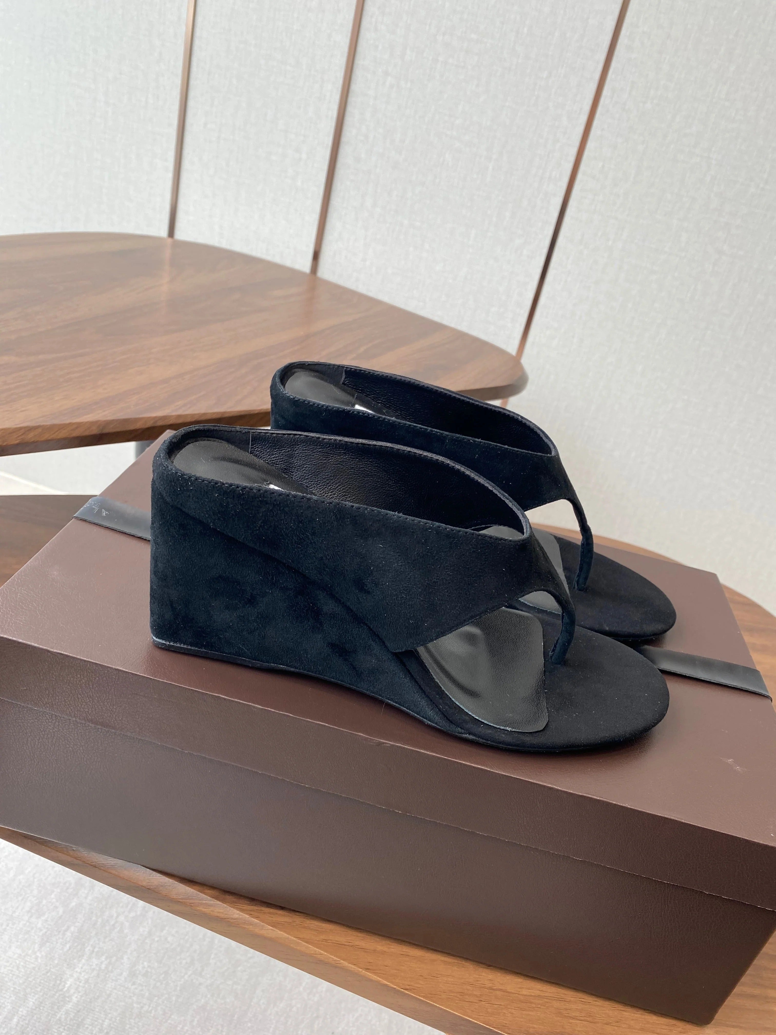 Alaia Wedge Thong Sandals 25s In Black Suede