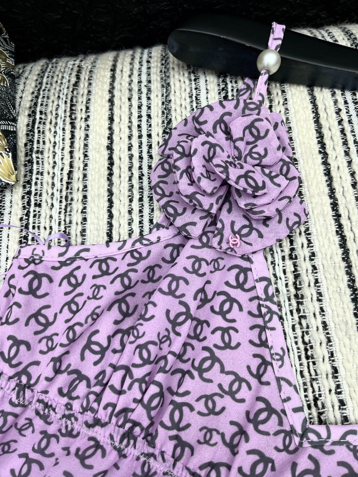 CHANEL PURPLE SILK CAMELLIA DRESS WITH PEARL DETAILS