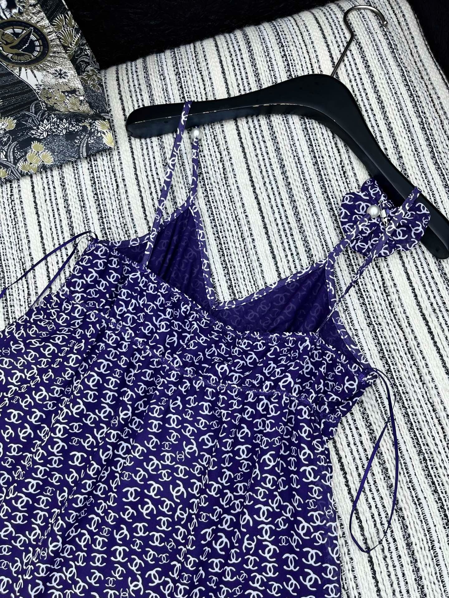 CHANEL DARK PURPLE SILK CAMELLIA DRESS WITH PEARL DETAILS