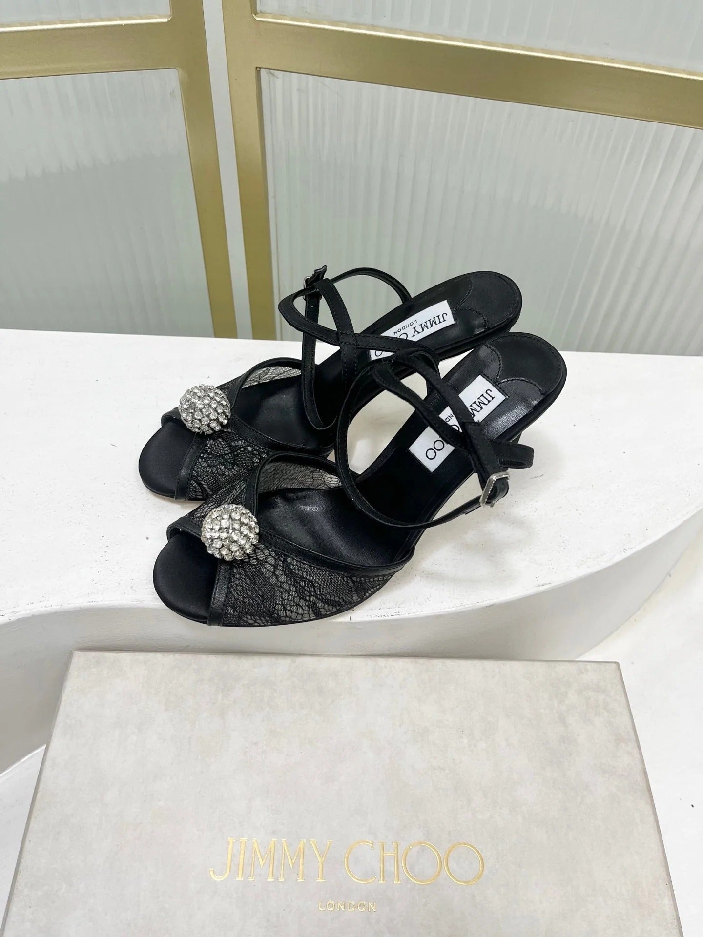 Jimmy 26s Peep-Toe High Heels 85 Black Lace Sheepskin 605973