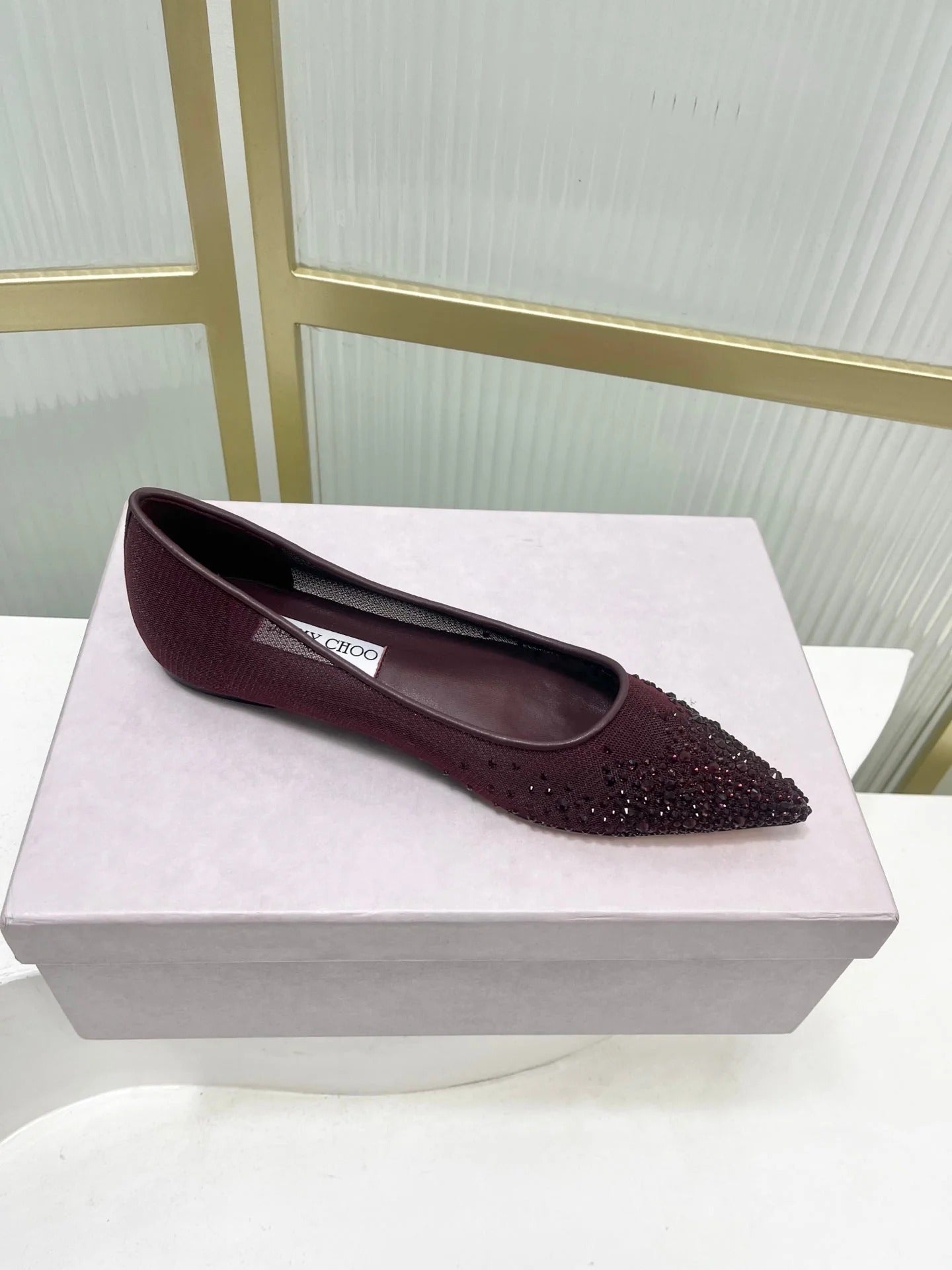 Jimmy 26s Ballet Flats Burgundy Rhinestones Mesh Sheepskin 605980