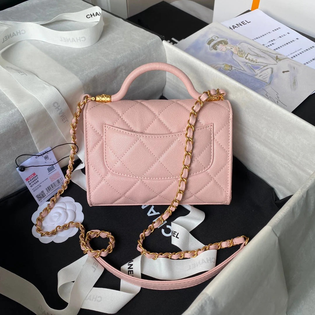 CC 25S FLAP BAG 18 CM IN LIGHT PINK GRAINED LAMBSKIN WITH TOP HANDLE