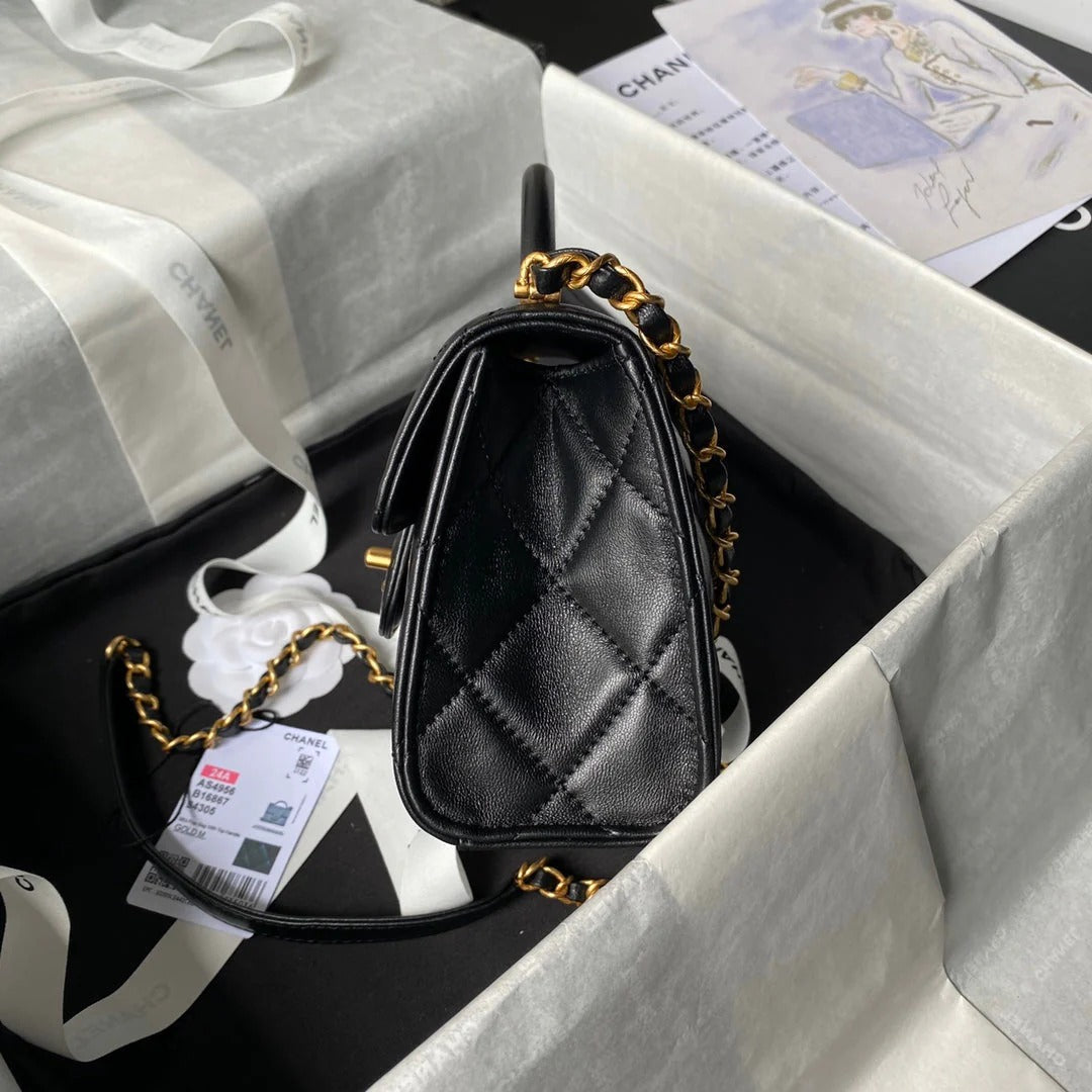 CC 25S FLAP BAG 18 CM IN BLACK LAMBSKIN WITH TOP HANDLE
