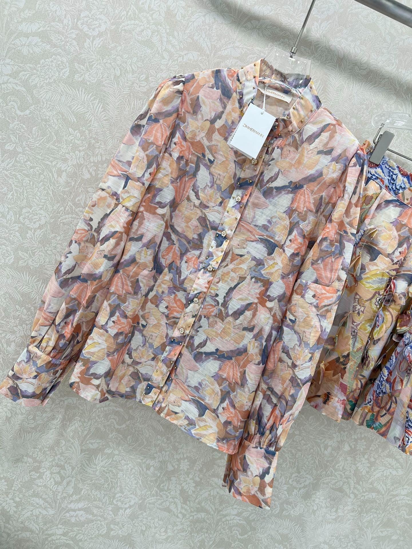 ZIMMER STAND-COLLAR PRINTED STUDDED TOP AND HIGH-WAIST FLARED SKIRT SET