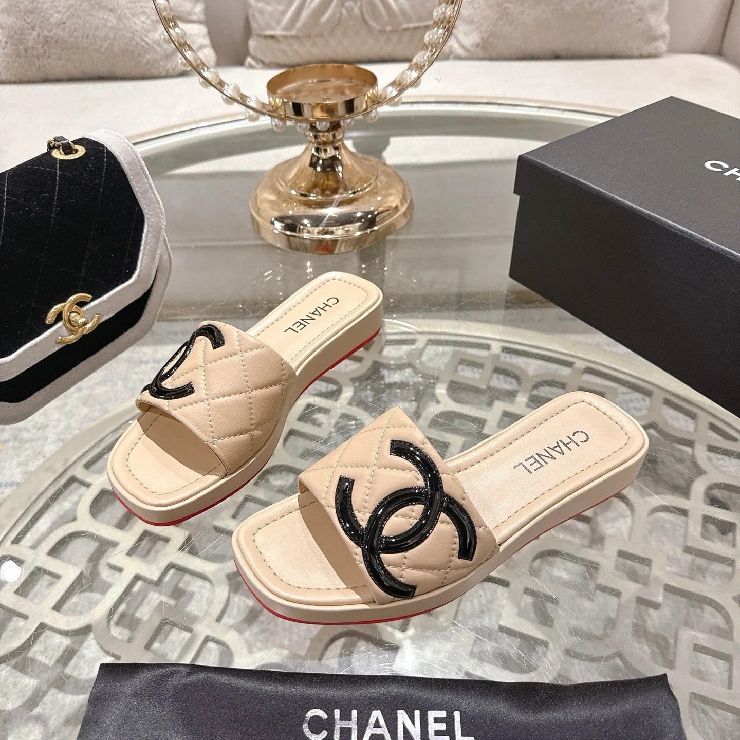 CC 26s Platform Slippers Beige Sheepskin 627070