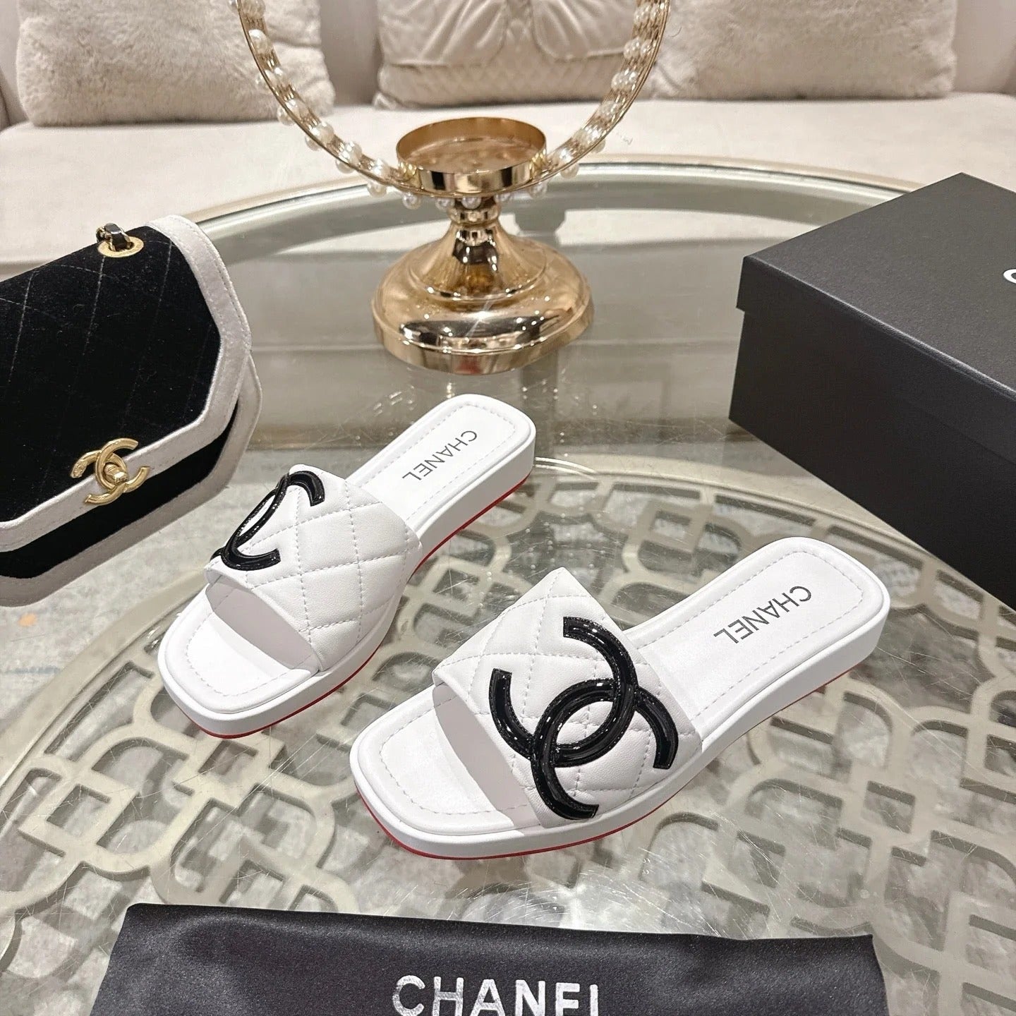 CC 26s Platform Slippers White Black Sheepskin 627073