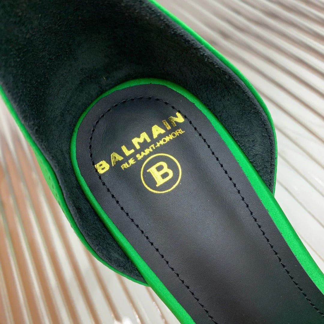 BALMAIN 25S KNOTTED HIGH HEELS 95MM IN KELLY GREEN SATIN