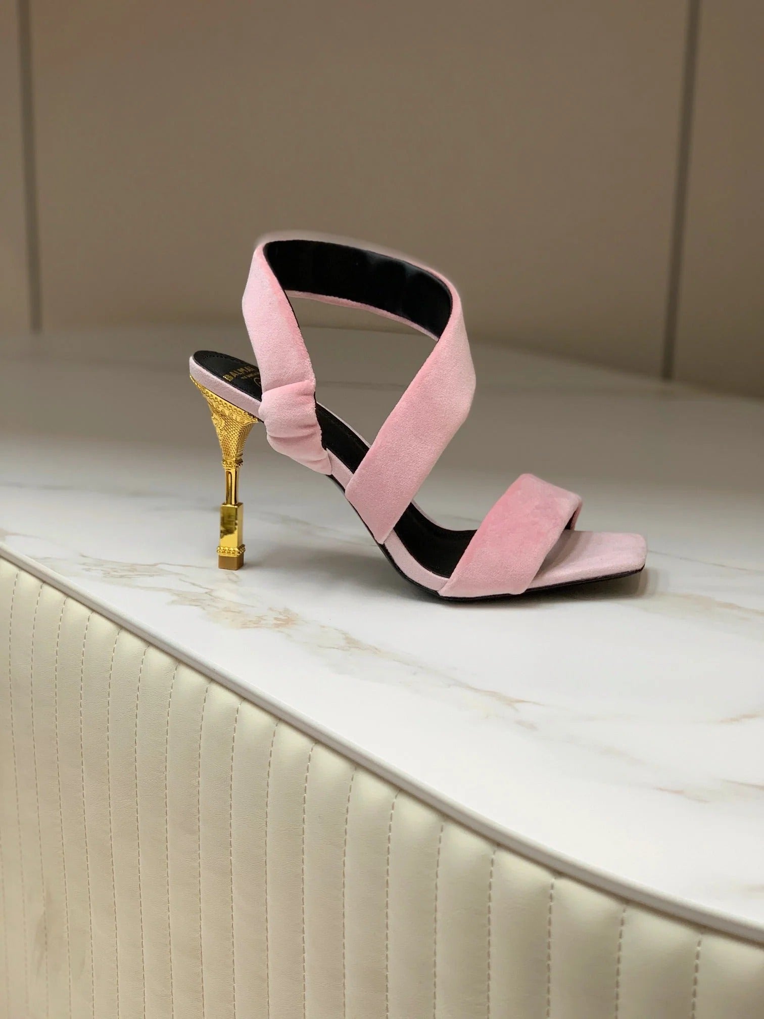 BALMAIN 25S MONETA HEELED SANDALS 95MM IN BABY PINK VELVET