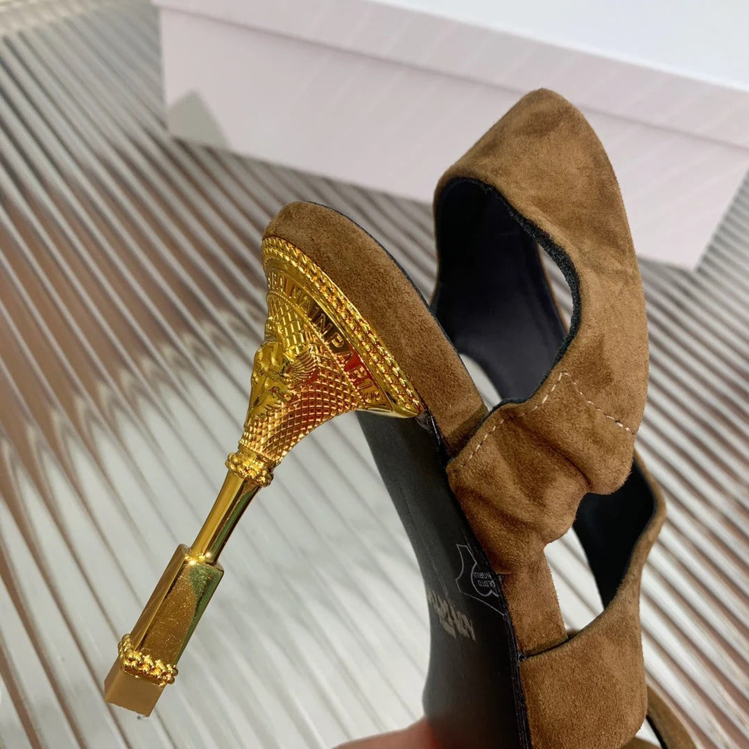 BALMAIN 25S HIGH HEEL SANDALS 95MM IN BROWN SUEDE
