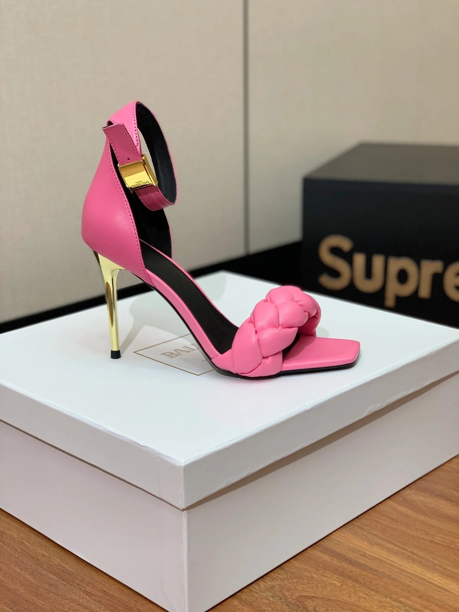 BALMAIN 25S ANKLE STRAP HIGH HEEL 95MM IN PINK CALFSKIN