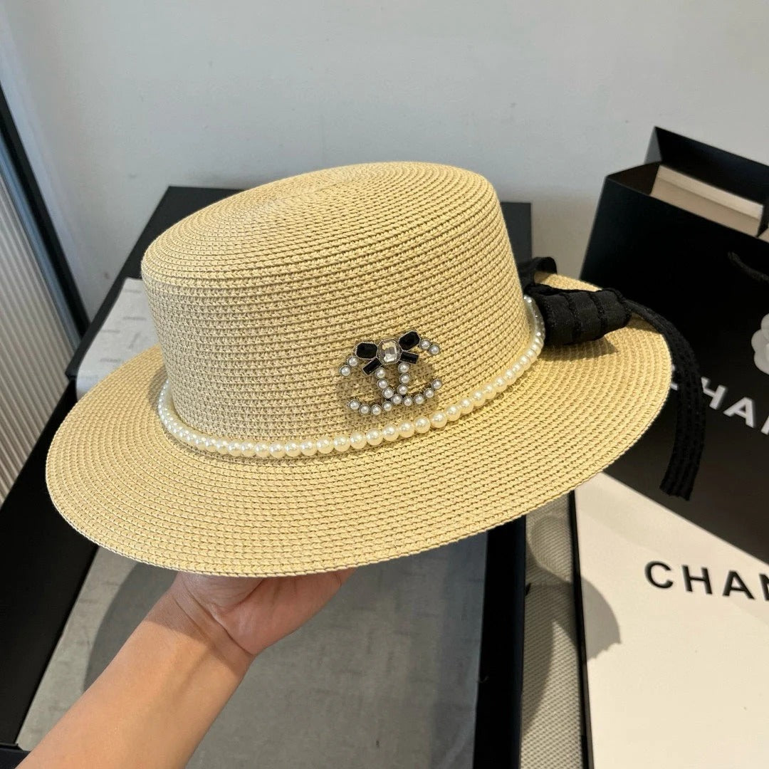 FLAT STRAW HAT WITH BOW BLACK 673921