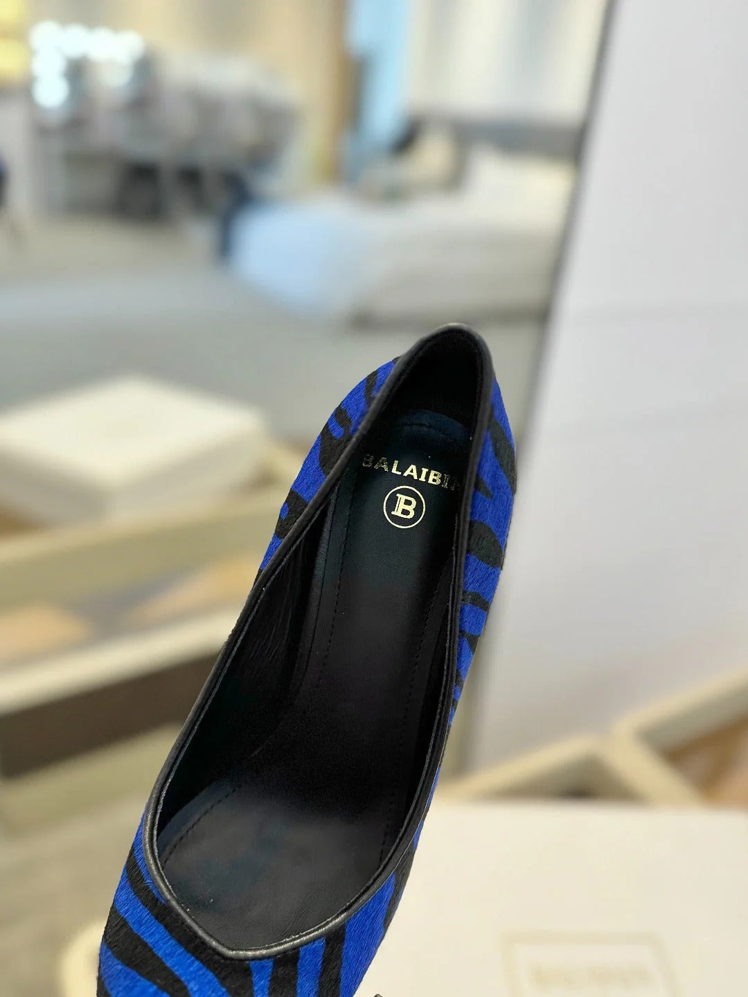BALMAIN 25S HIGH HEELS 95MM IN BLUE AND BLACK ZEBRA PRINT CALFSKIN