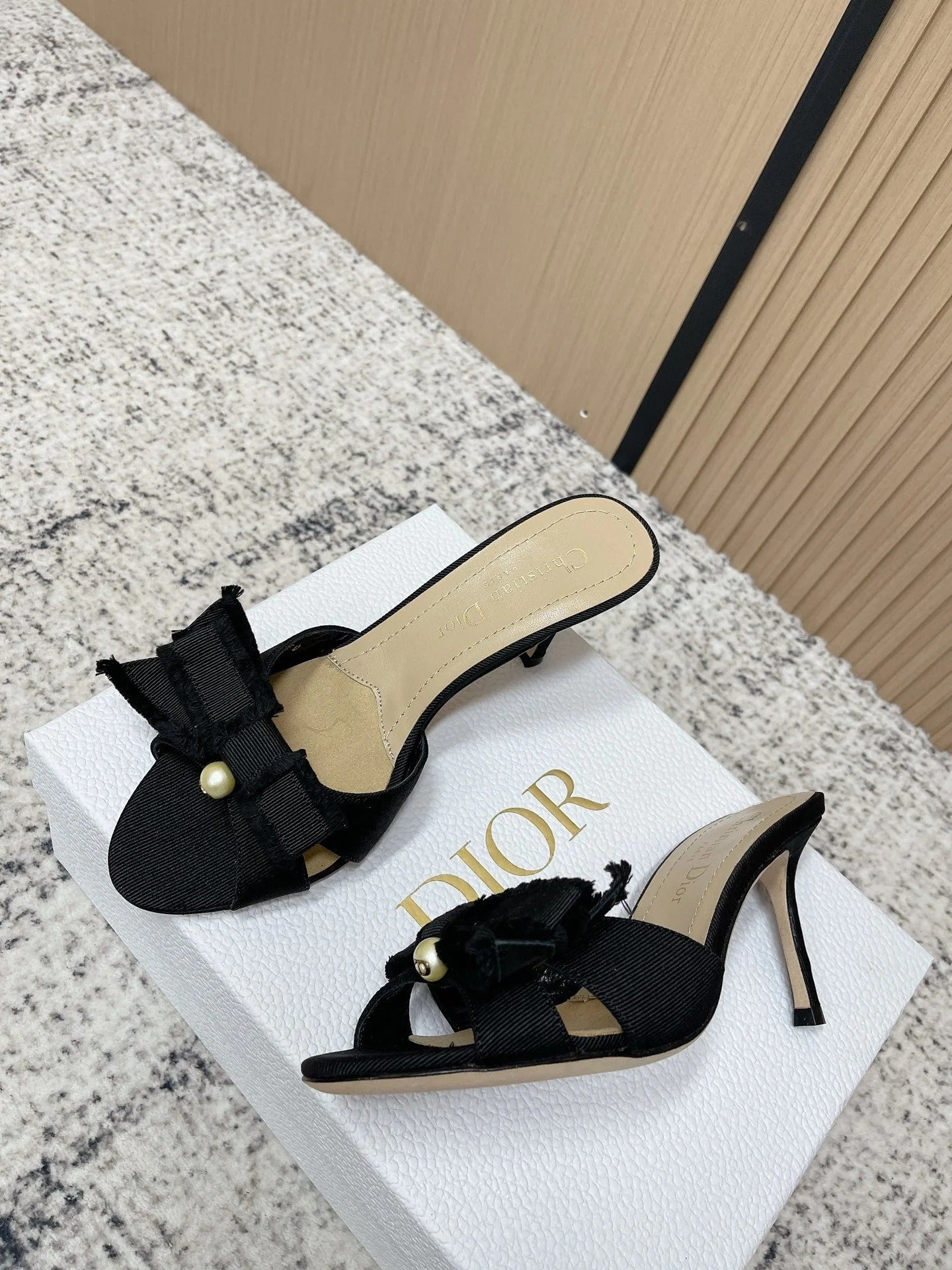 CD 26s High Heel Slippers 75 Black Beige Canvas Leather 643490