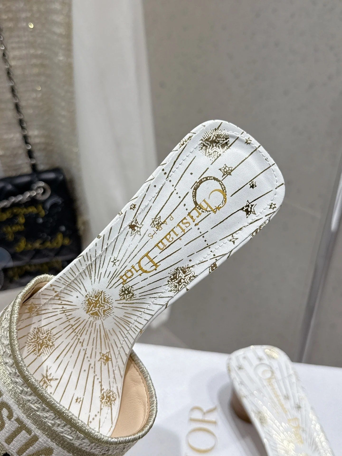 CD 26s Embroidered Flat Slippers Gold Canvas Leather 636394