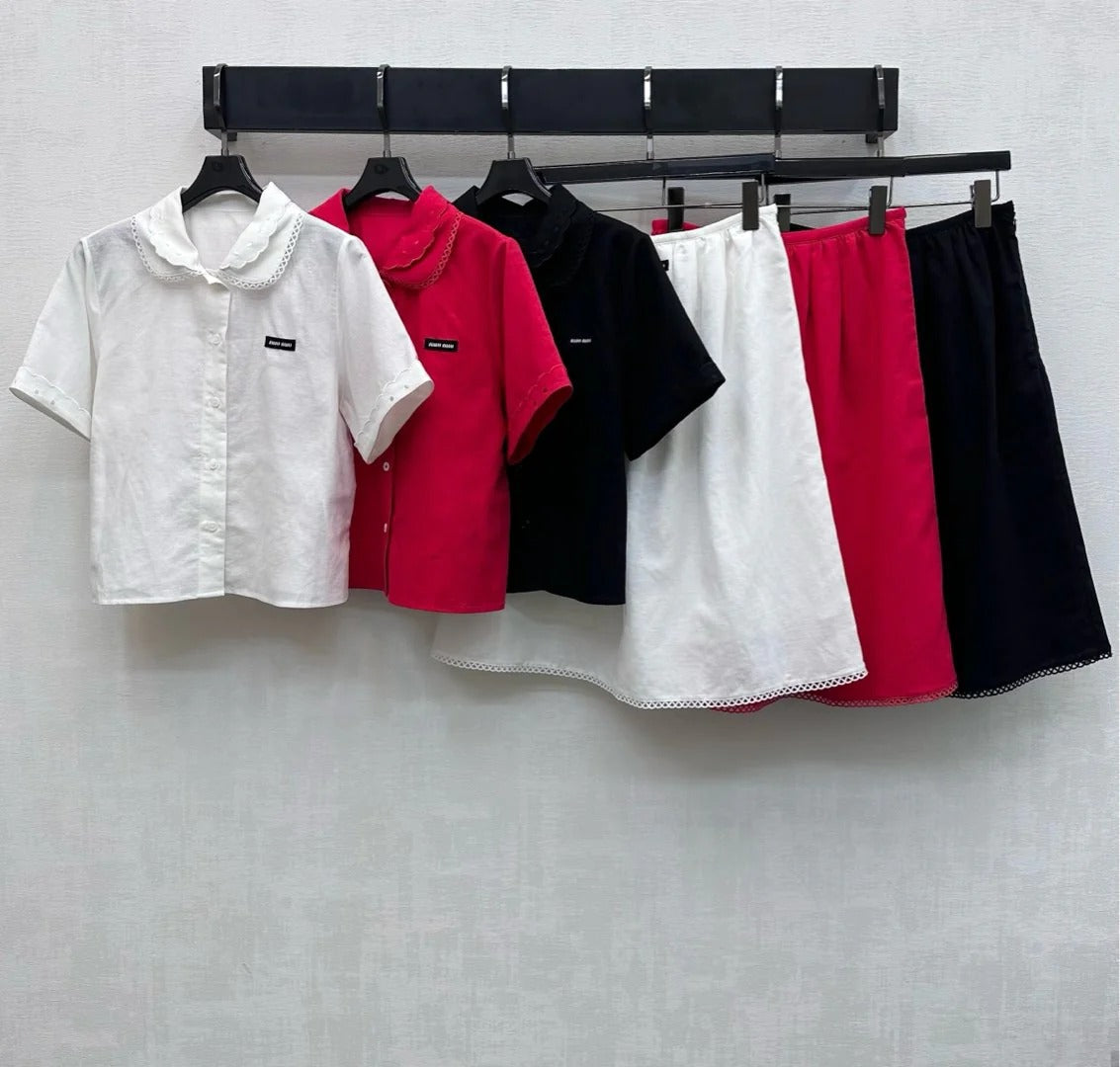 Miumiu 2026 Lace-trimmed Short-Sleeve Shirt and Skirt Set Cotton