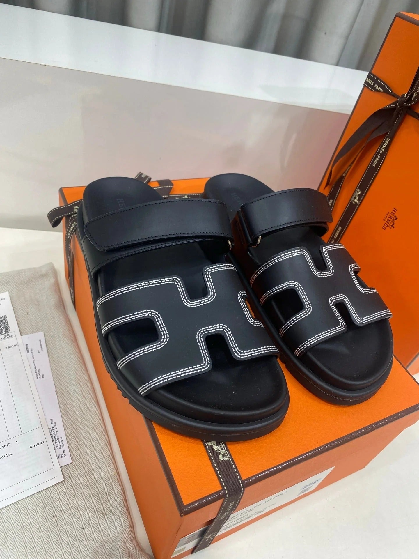 Hermes 2026 Chypre Sandal Black Mix White Stitched Calfskin 957546