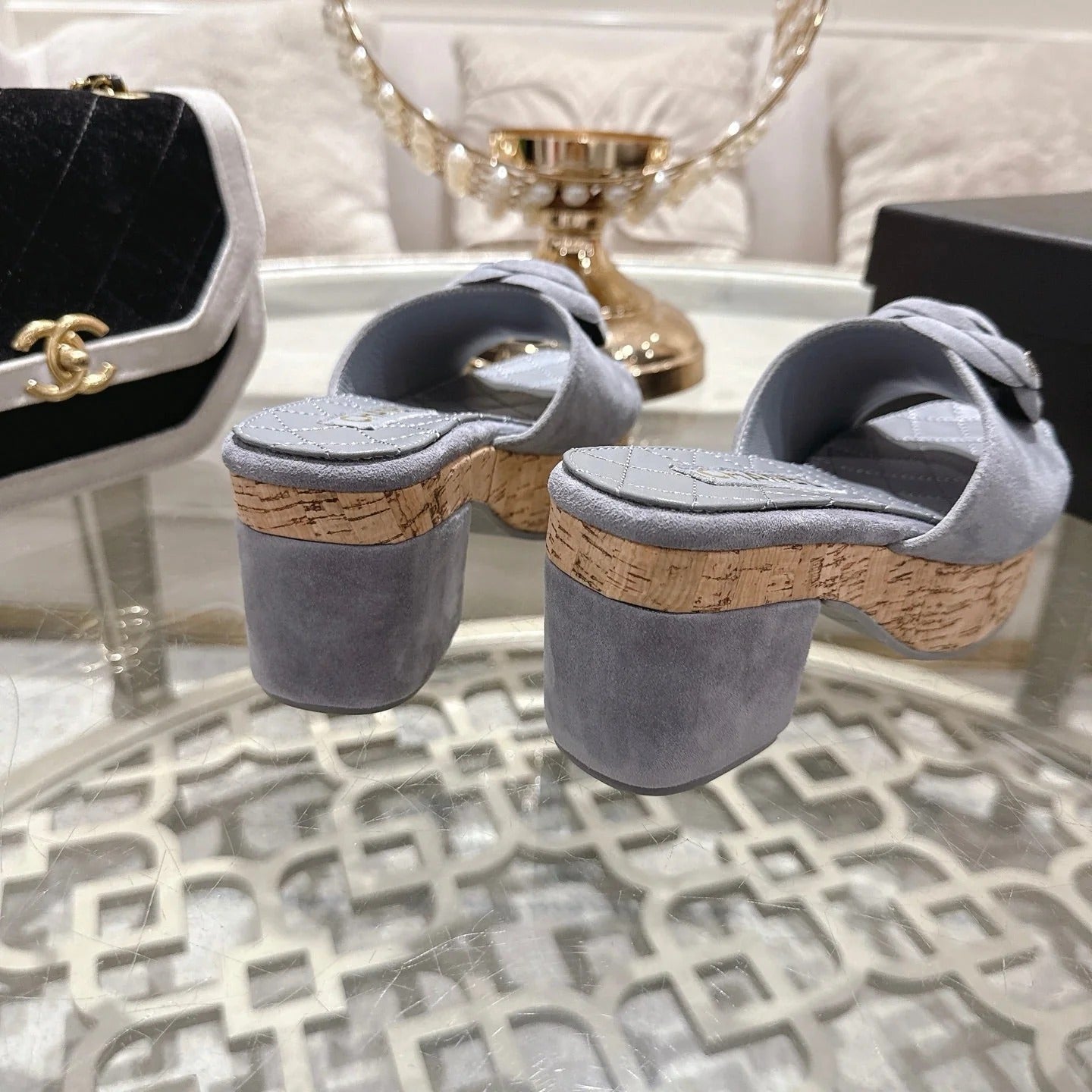 CC 26s Camellia Platform Slippers 65 Light Blue Grey Lambskin 627051