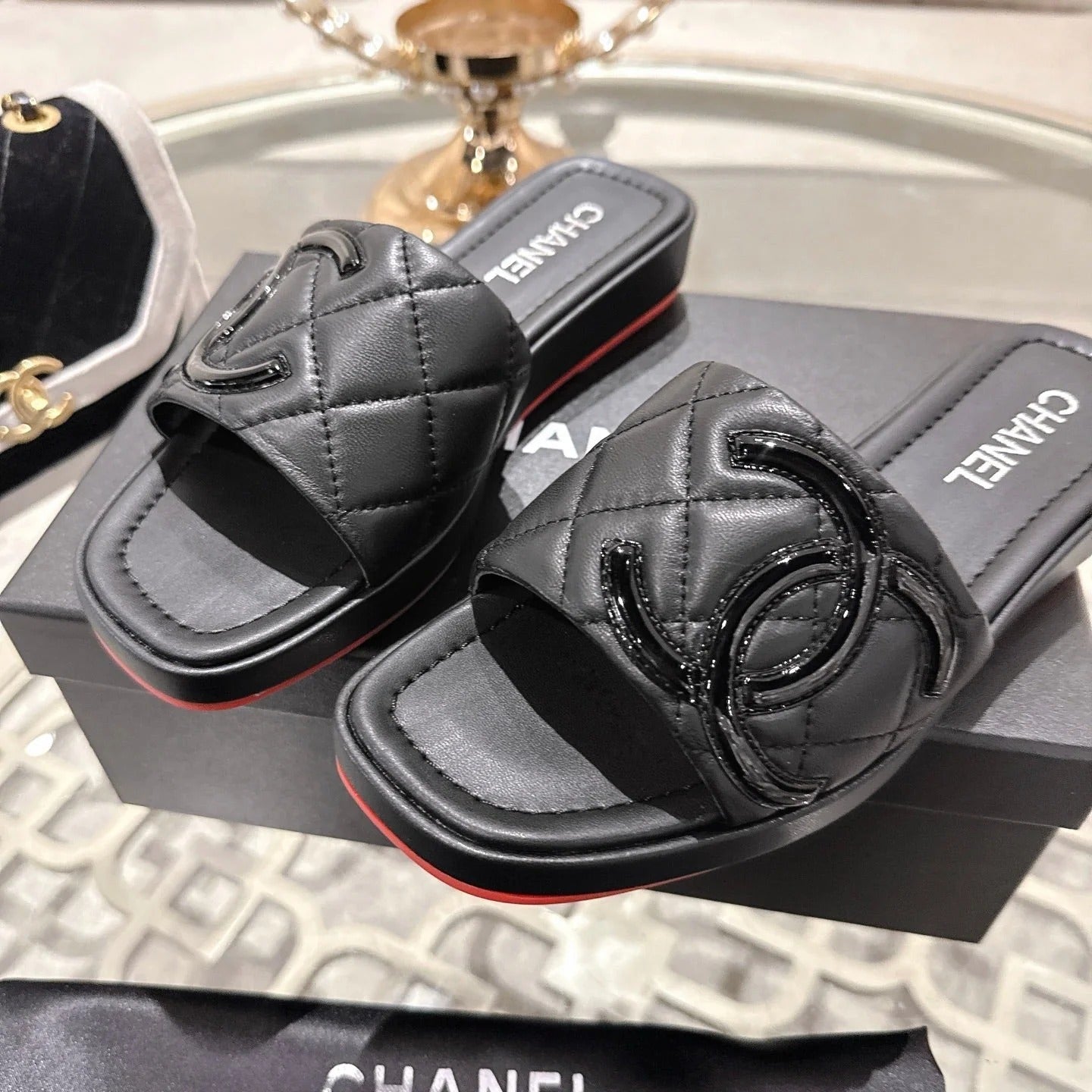 CC 26s Platform Slippers Black Sheepskin 627069