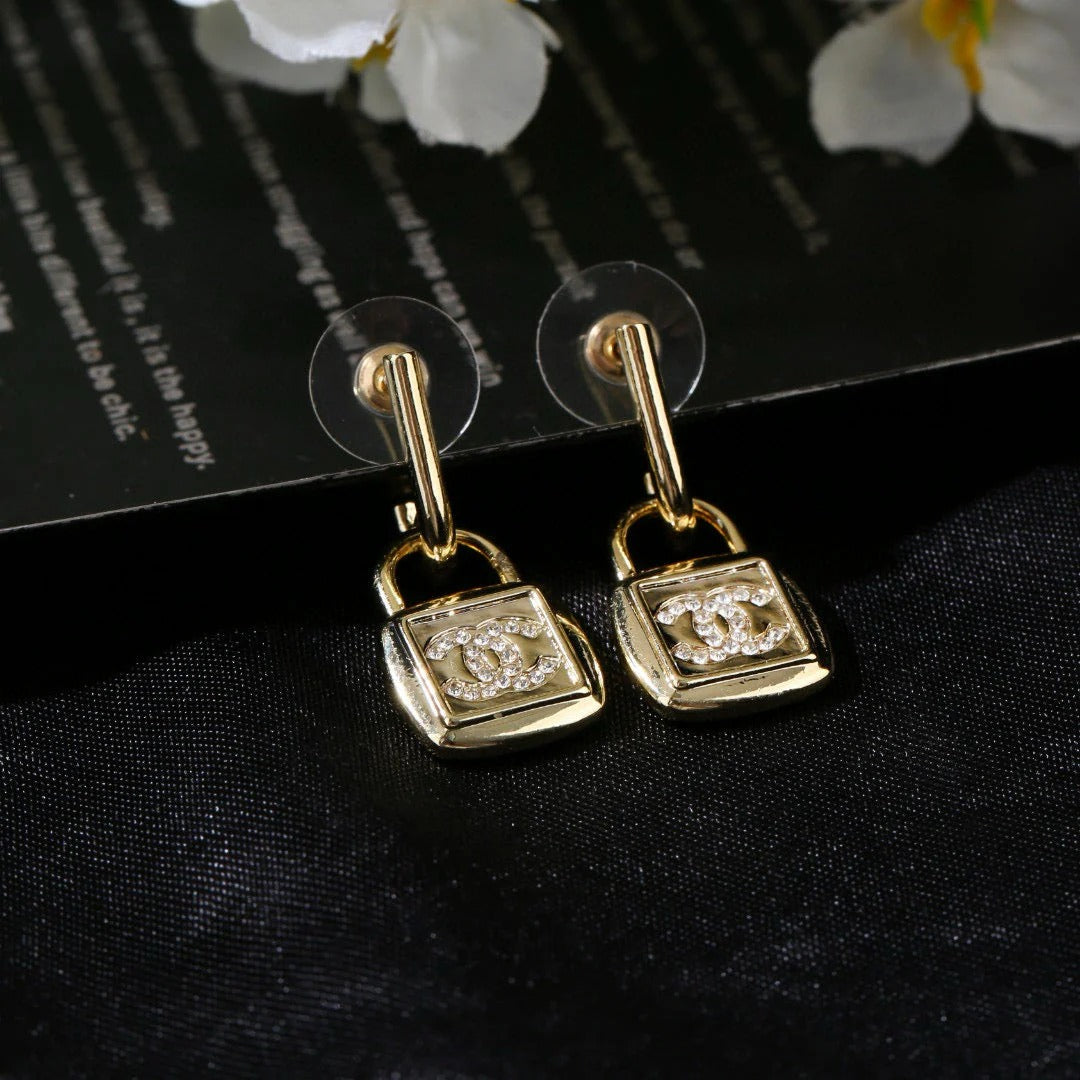 CC Lock Shaped Gold Diamond Earring