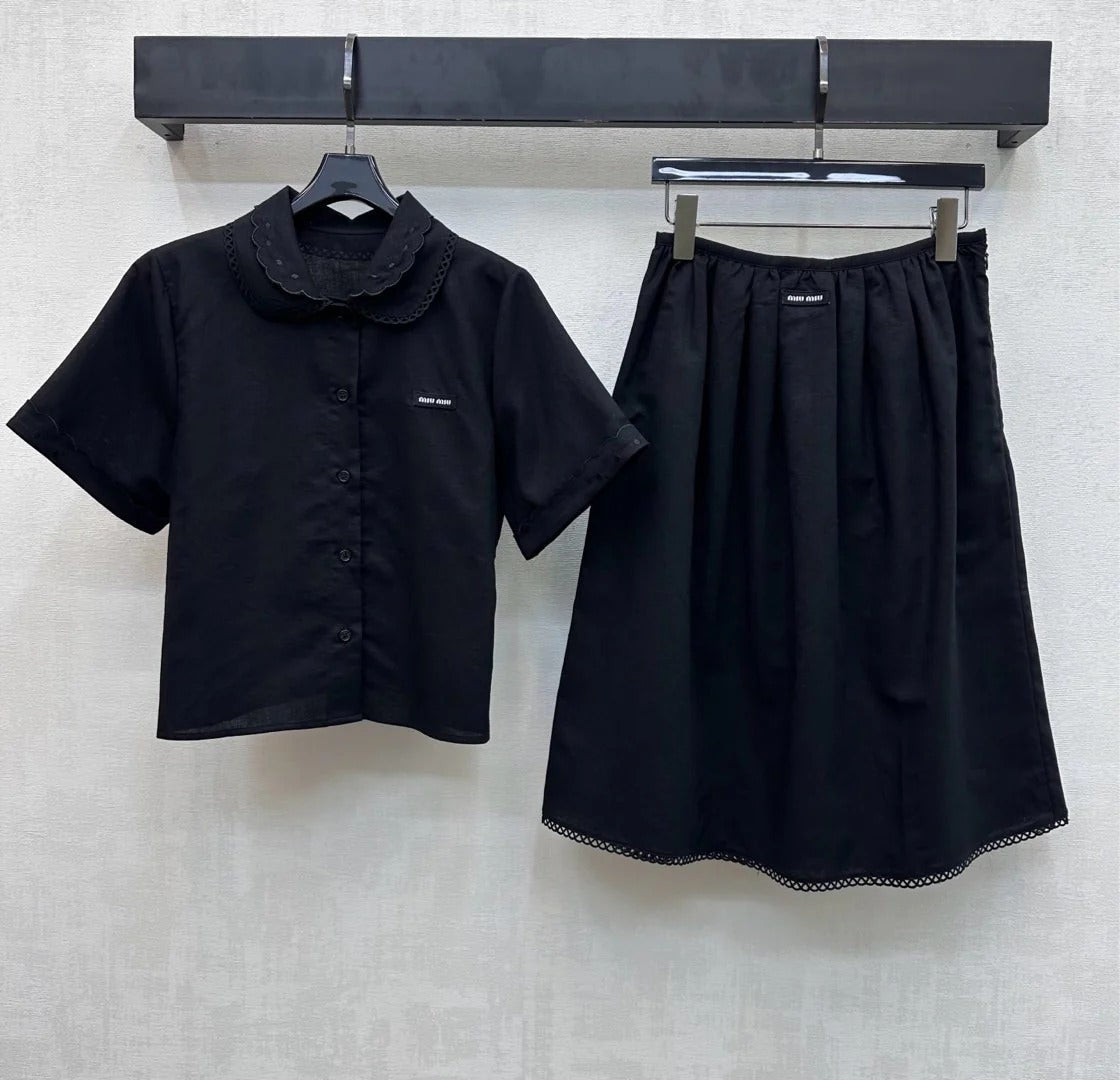 Miumiu 2026 Lace-trimmed Short-Sleeve Shirt and Skirt Set Cotton