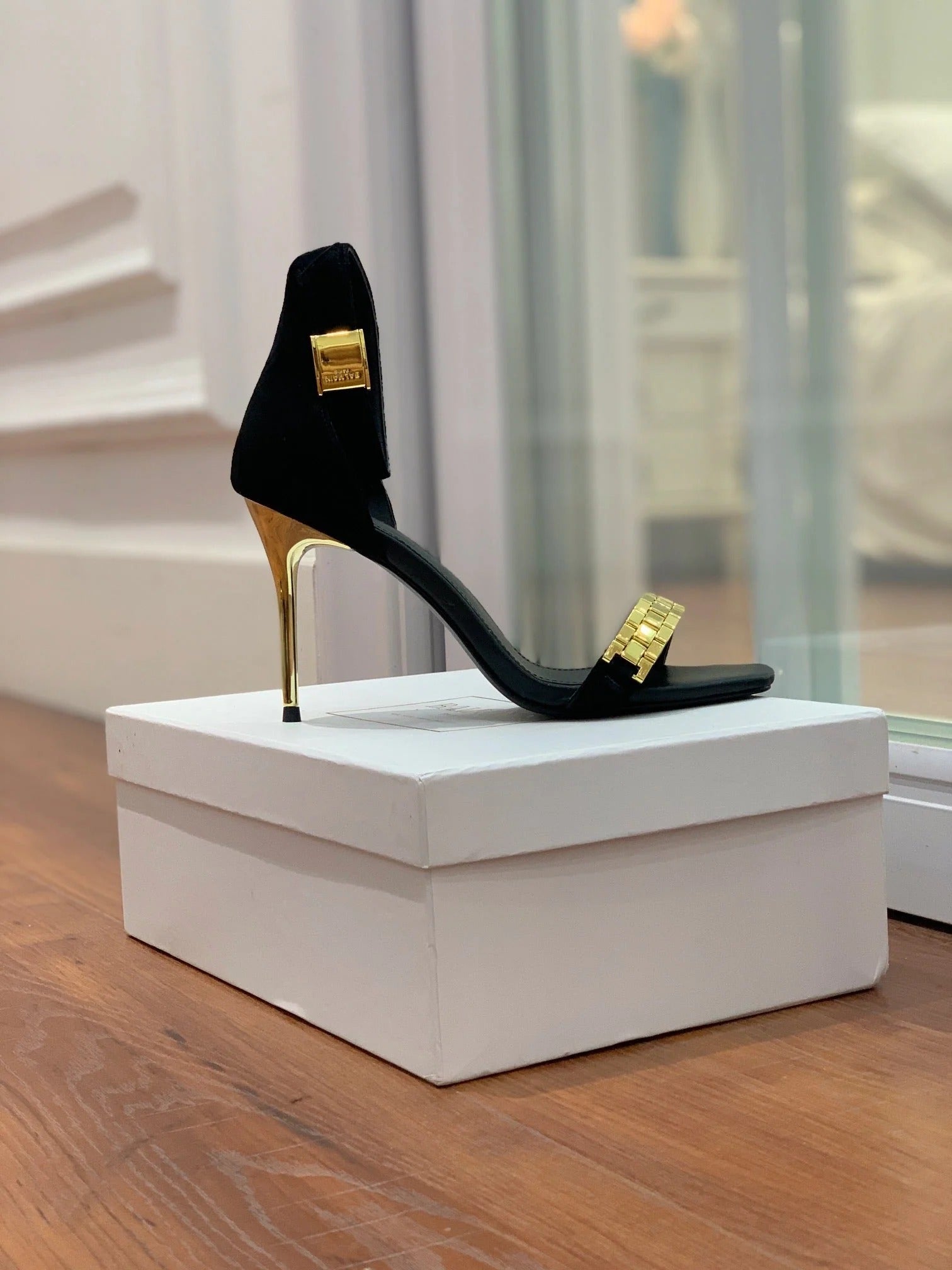 BALMAIN 25S METAL STRAP HIGH HEELS 95MM IN BLACK SUEDE GOLD HARDWARE