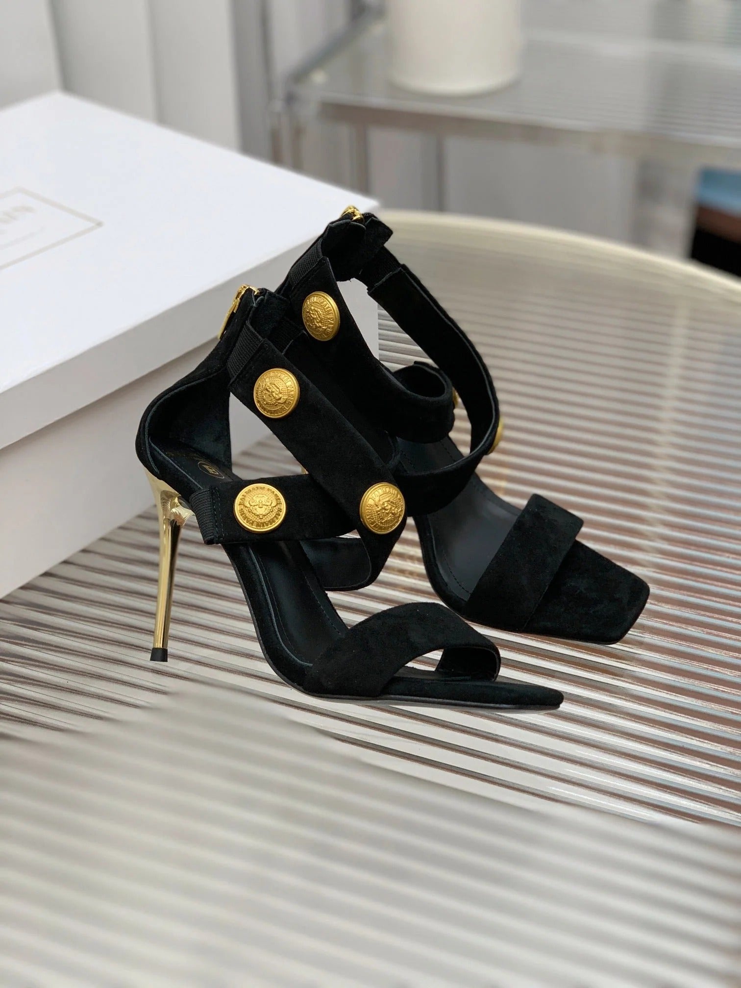 BALMAIN 25S CROSSOVER STRAP HIGH HEELS 95MM IN BLACK SUEDE