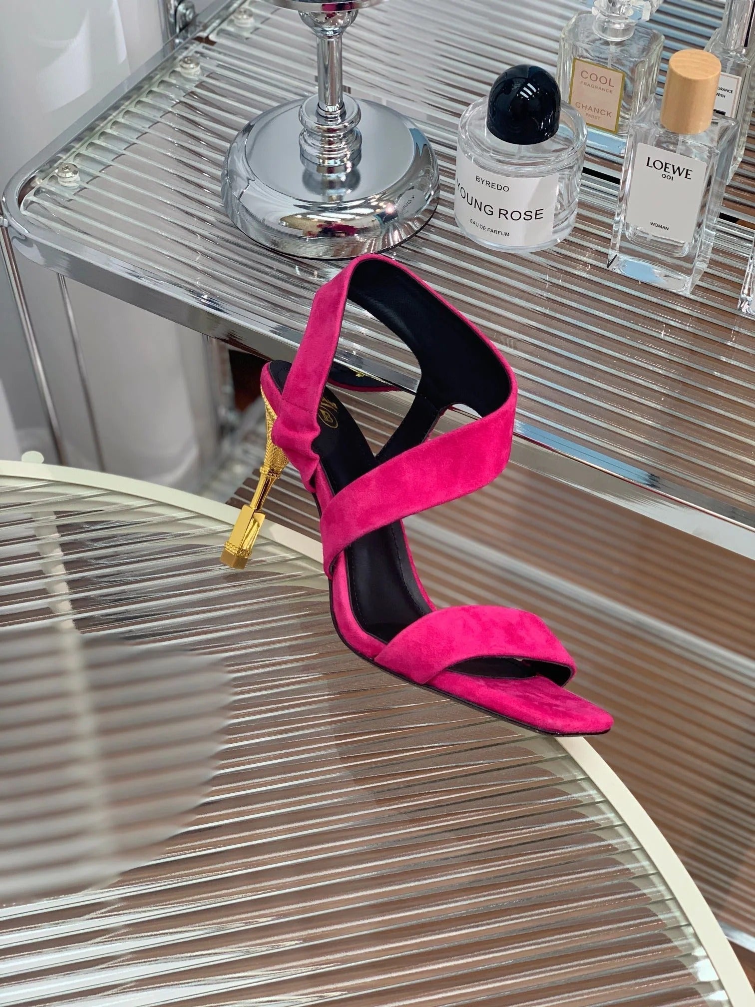 BALMAIN 25S HIGH HEEL SANDALS 95MM IN FUCHSIA SUEDE