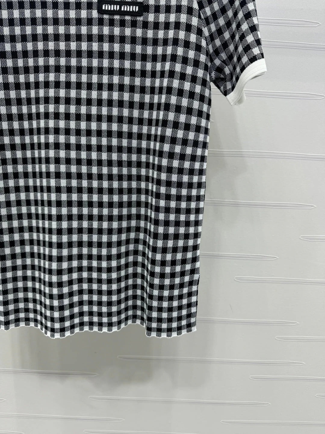 MIUMIU CREW NECK SHORT-SLEEVE PLAID KNIT TOP 274833