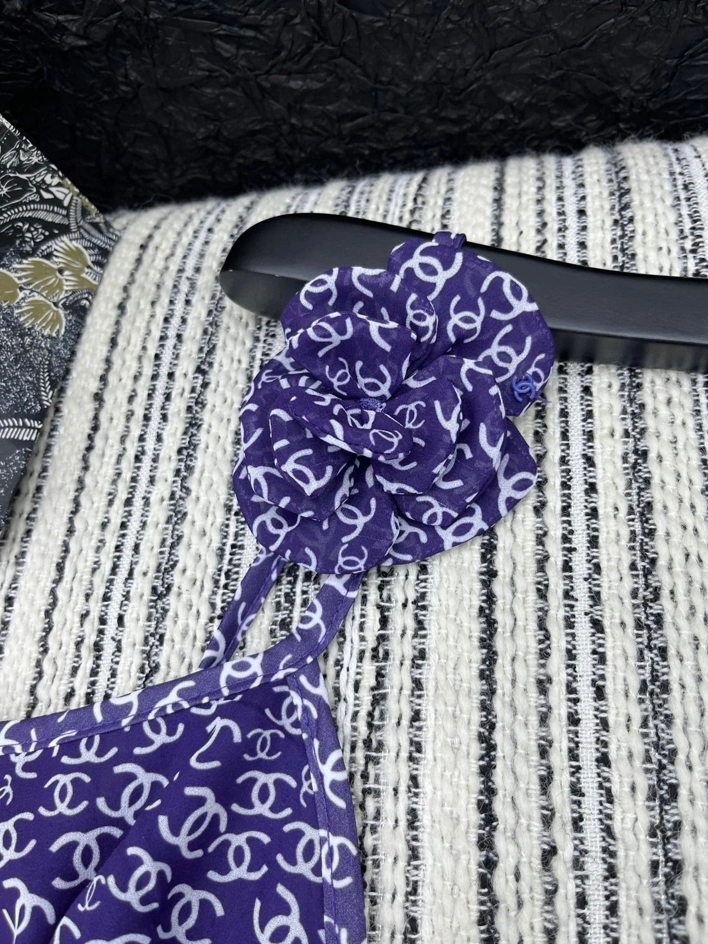 CHANEL DARK PURPLE SILK CAMELLIA DRESS WITH PEARL DETAILS