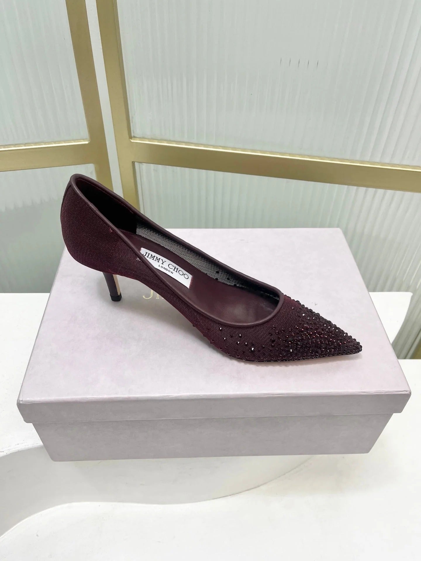 Jimmy 26s High Heels 65 Burgundy Rhinestones Mesh Sheepskin 605981