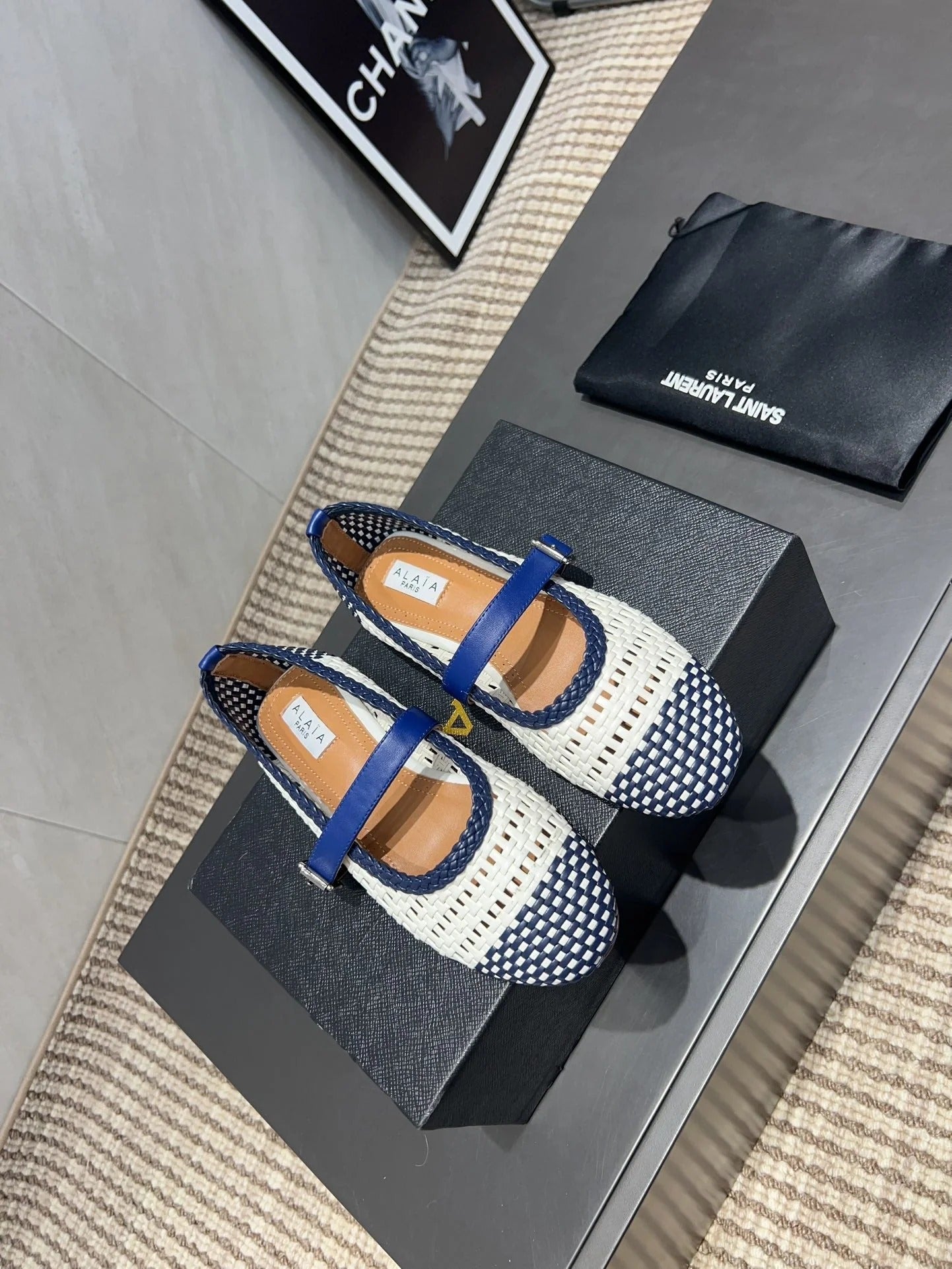 Alaia Mary Jane Flats Woven Pattern 25s In White Mix Navy Blue Calfskin
