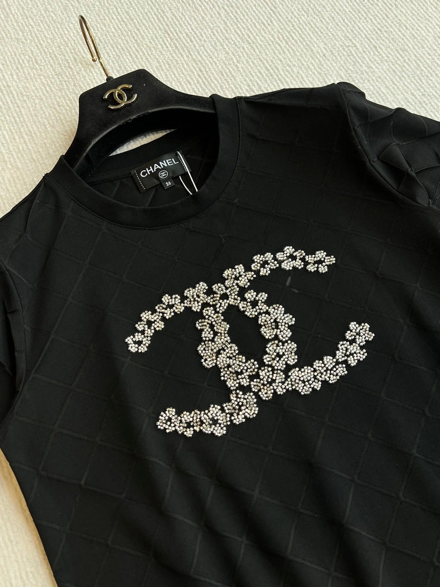 CHANEL BLACK SHORT-SLEEVE EMBELLISHED T-SHIRT